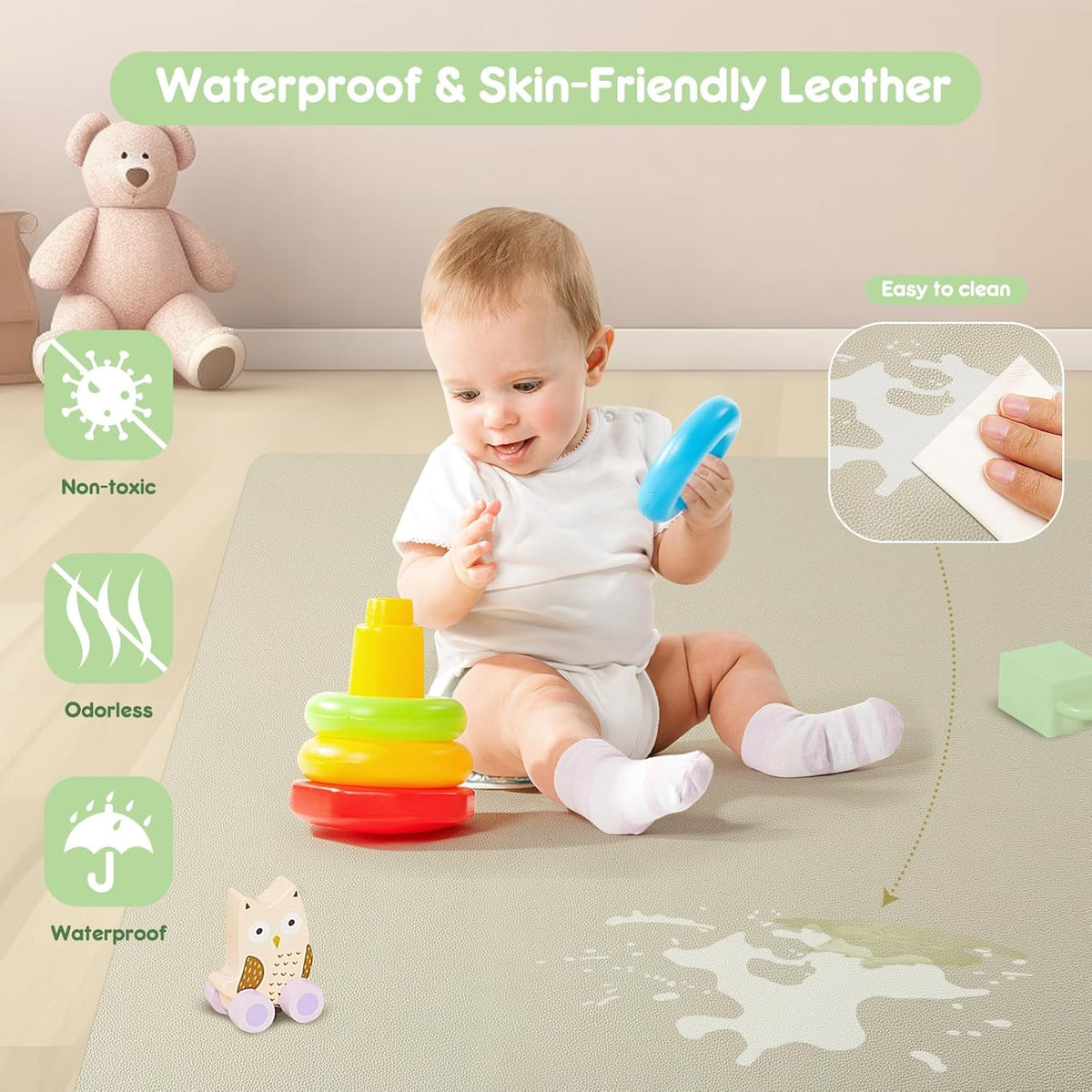 Padded Baby Play Mat, Super Soft Vegan Leather Baby Mat for Floor, 48x48 Thick Foam Cushioned Play Mat for Babies 6-12 Months, Fits Nicely Into 50x50 Playpen Mat, Grayish Green