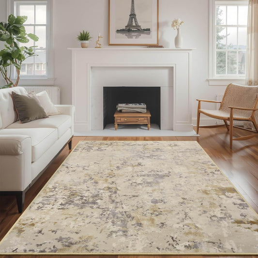 8x10 Beige Area Washable Rugs for Living Room, Abstract Modern Non Slip Bedroom Rugs, Neutral Large Low Pile Carpet Stain Resistant for Dining Room, Kids Playroom, Office