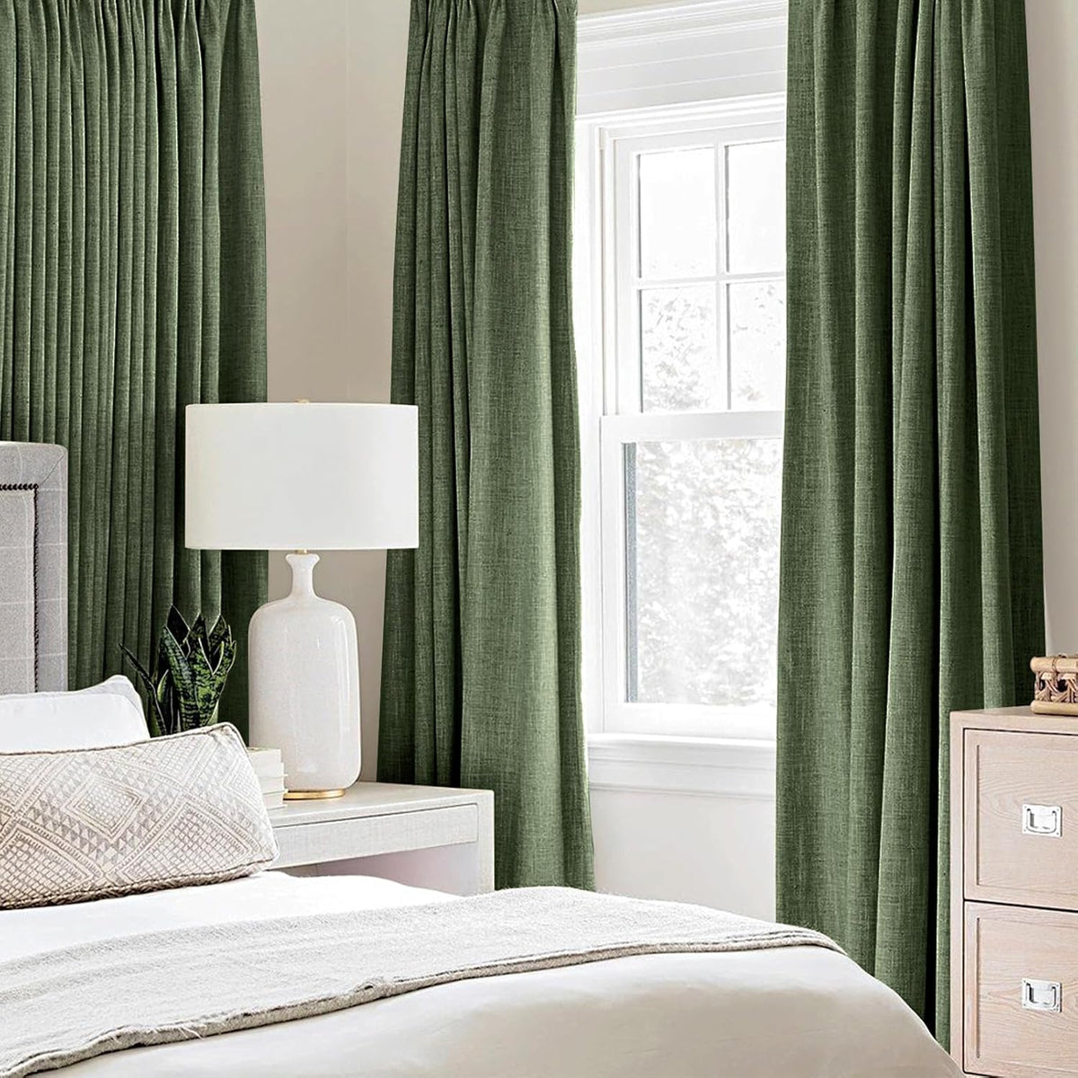 MIULEE 100% Blackout Linen Textured Curtains for Bedroom Solid Thermal Insulated Olive Green Grommet Room Darkening Curtains & Drapes Luxury Decor for Living Room Nursery 52 x 108 Inch (2 Panels)
