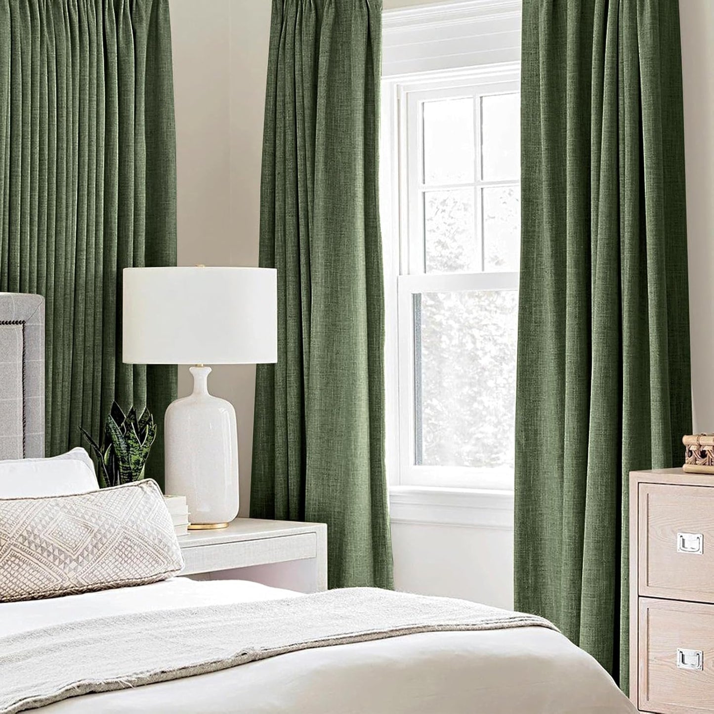MIULEE 100% Blackout Linen Textured Curtains for Bedroom Solid Thermal Insulated Olive Green Grommet Room Darkening Curtains & Drapes Luxury Decor for Living Room Nursery 52 x 84 Inch (2 Panels)