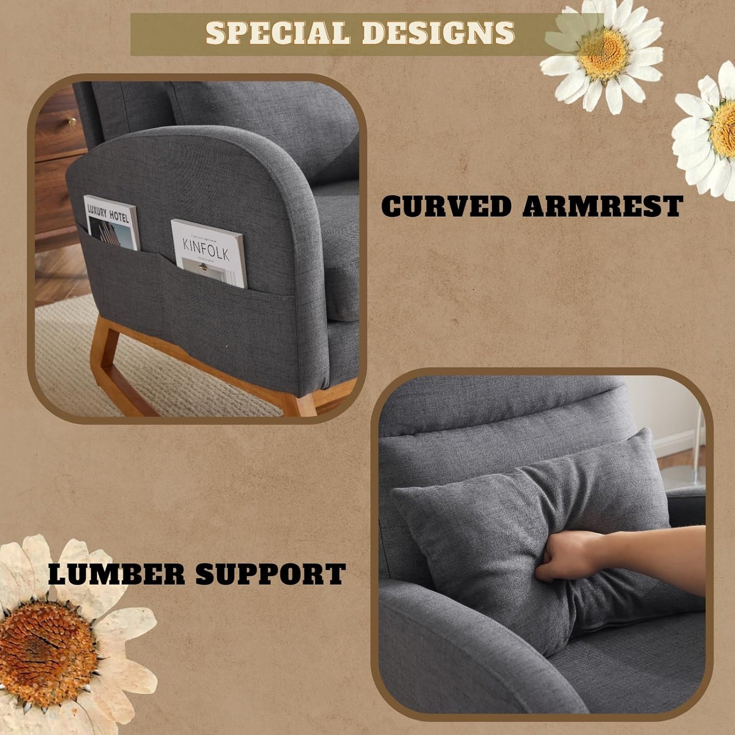 VINGLI Grey Linen Nursery Rocking Chair with Thick Headrest, Upholstered Mid-Century Modern Nursing Rocker Glider with Curved Armrest, Sturdy Solid Wood Base for Living Room, Bedroom, Baby Room