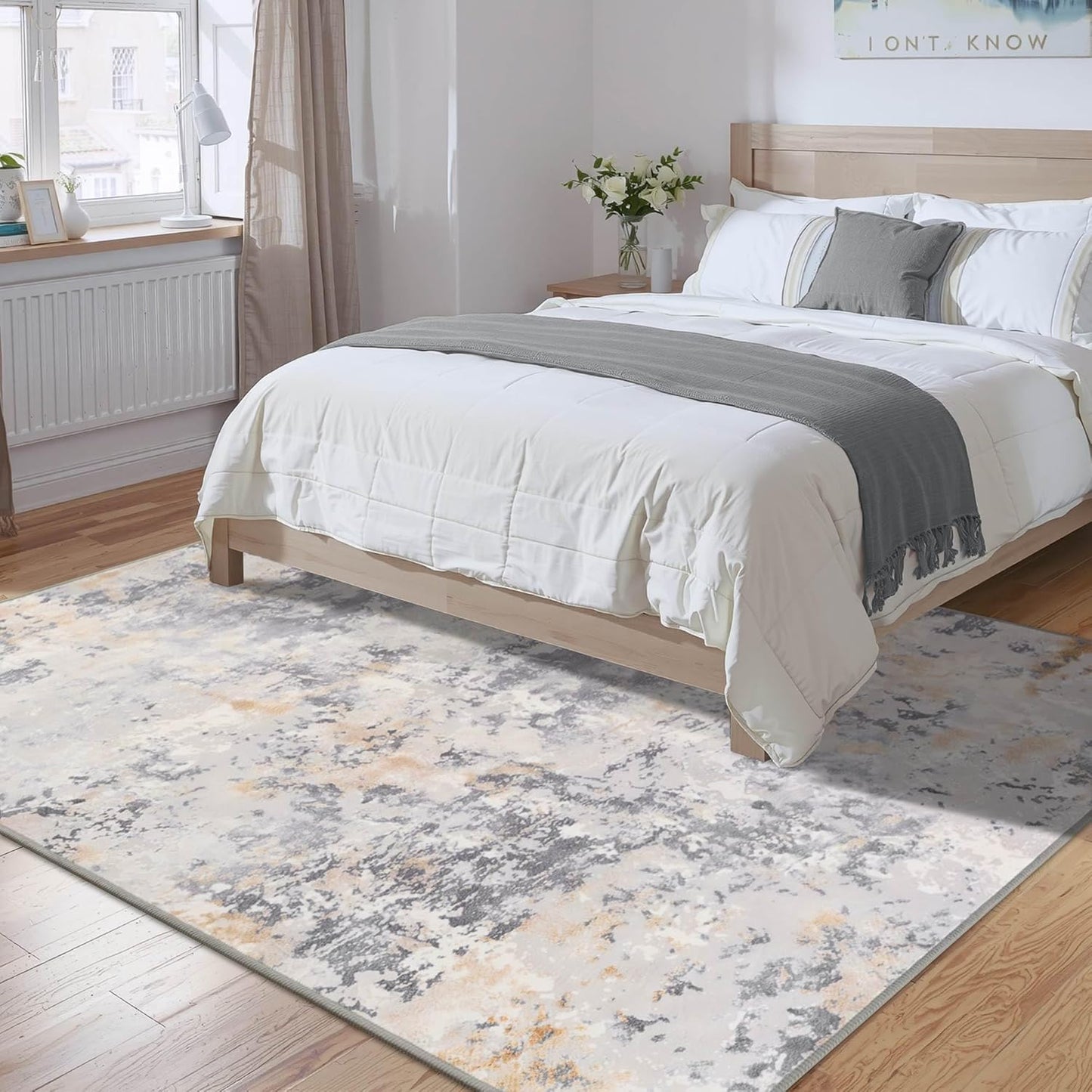 Nursery Rug for Baby Girl, 5x7 Grey Washable Rugs for Living Room Bedroom Dorm Non Slip, Stain Resistant Neutral Carpet Low Pile for Classroom, Dining Room, Kids Playroom