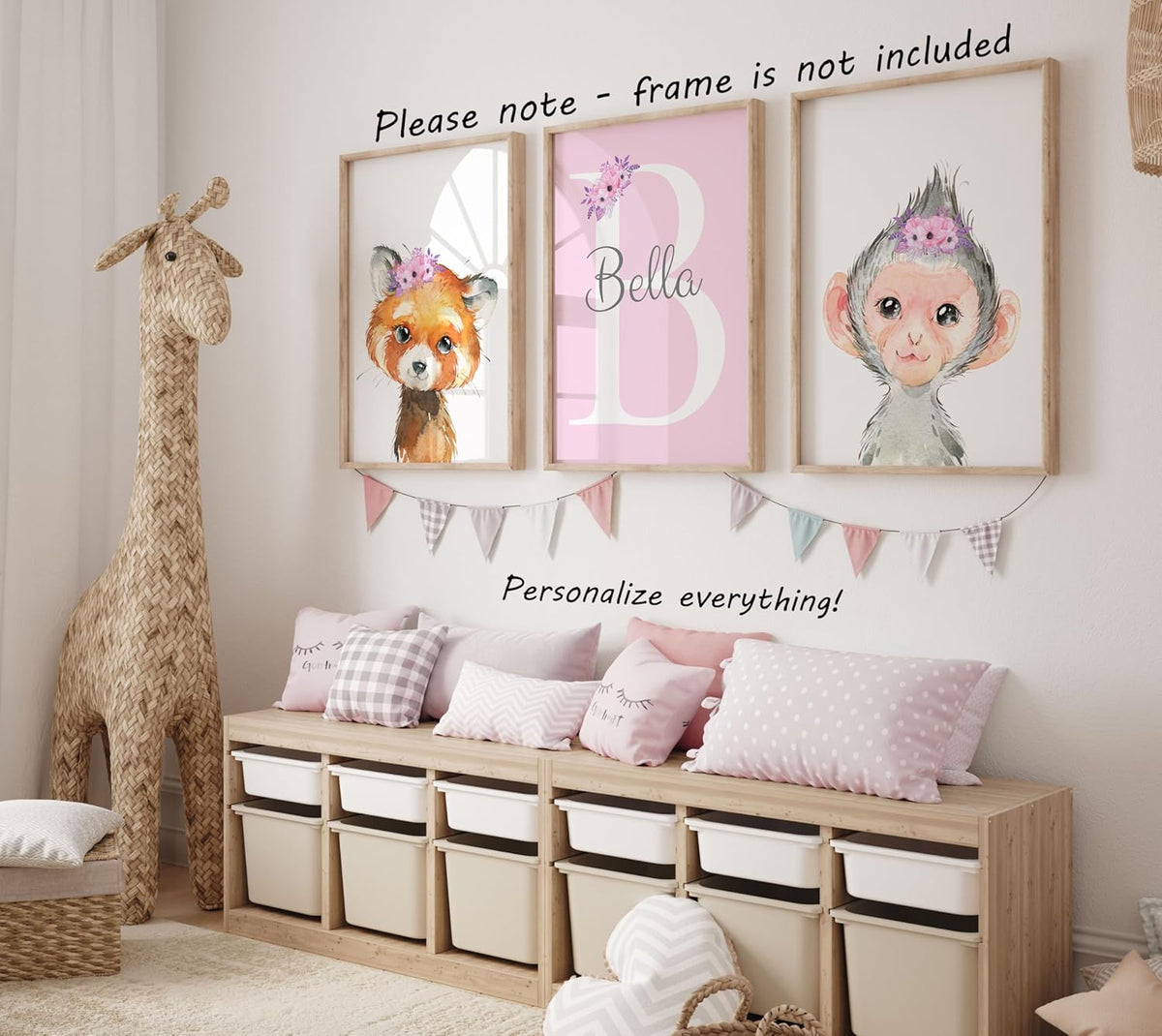 Personalized Safari Animals for Baby Girls Nursery, Set of 3 Unframed Poster Prints, Personalized Name Pink Lilac Floral, Girls Bedroom Decor, Elephant Giraffe (17x22)