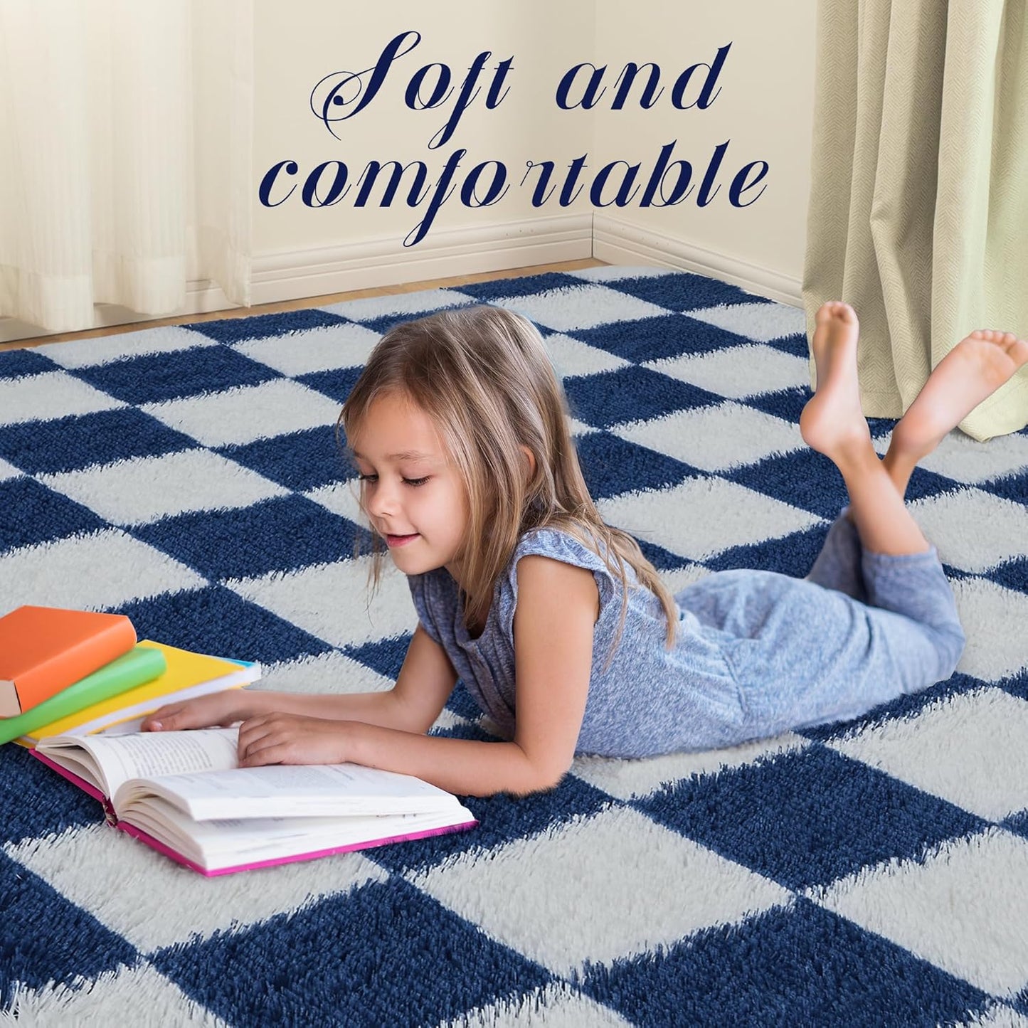 Super Soft Rug for Bedroom, 4x6 ft Blue and White Area Rug Classic Checkered Shaggy Anti-Skid High Pile Soft Fluffy Rug Fuzzy Carpet for Living Room Bedroom Kids Room Nursery, Dorm