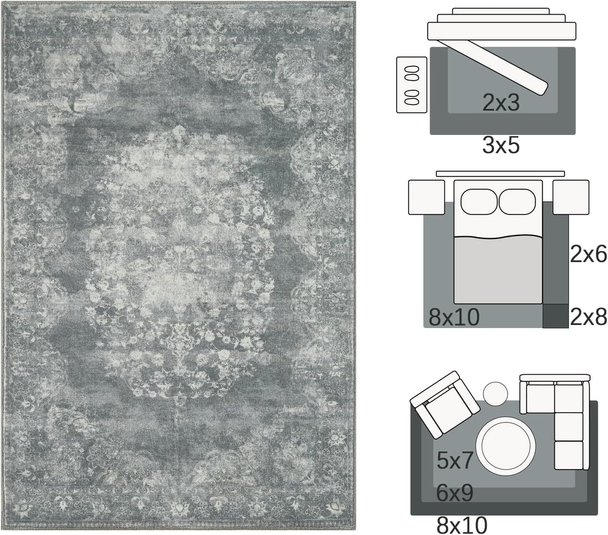 jinchan Floral 2x3 Rug for Entryway - Vintage Washable Area Rug Ultra-Thin Low Pile Soft Small Non-Slip Distressed Indoor Doormat Accent for Entrance Kitchen Bedroom Bathroom (2x3ft,Grey)