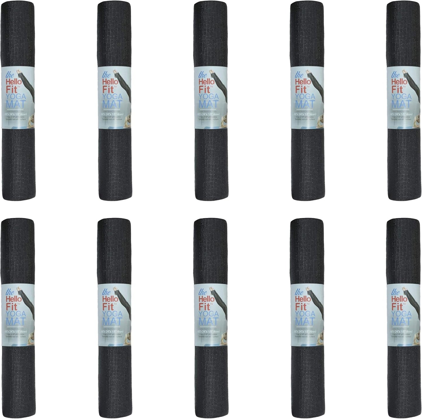 Hello Fit 10-Pack Yoga Mat, 68" x 24" Non Slip Exercise Mat, 4mm Thick Gym Mat for Fitness and Stretching, Bulk Non Toxic Yoga Mats for Schools and Studios