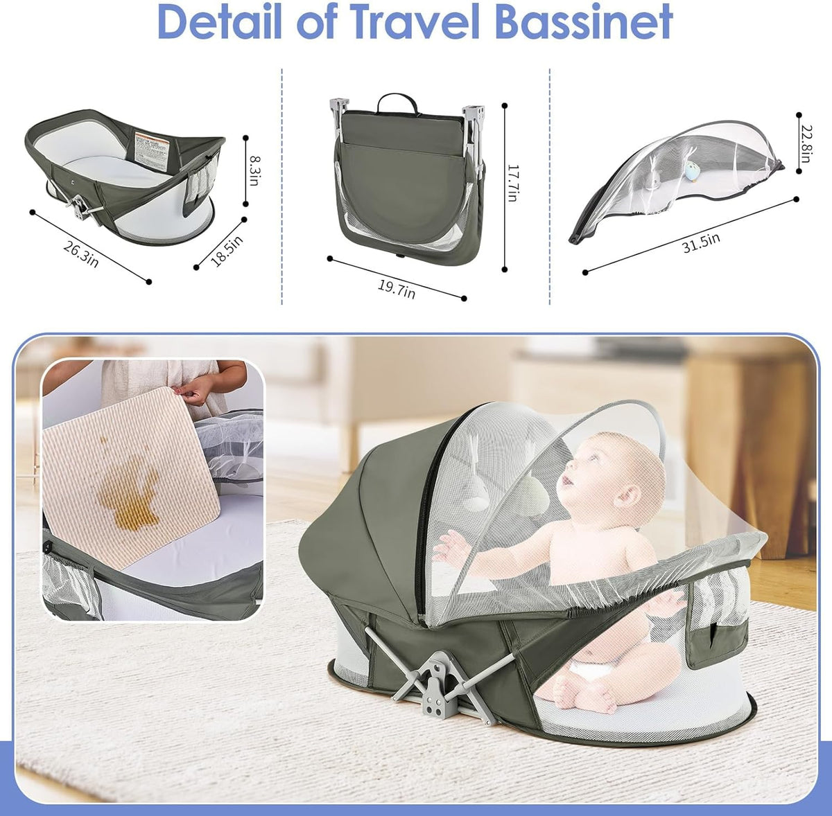 Portable Baby Bassinet Travel Baby Bed, Baby Cribs Travel Pod for Outdoors Baby Lounger Infant Travel Bed with Mosquito Net and Sunshade Canopy, Lightweight Washable
