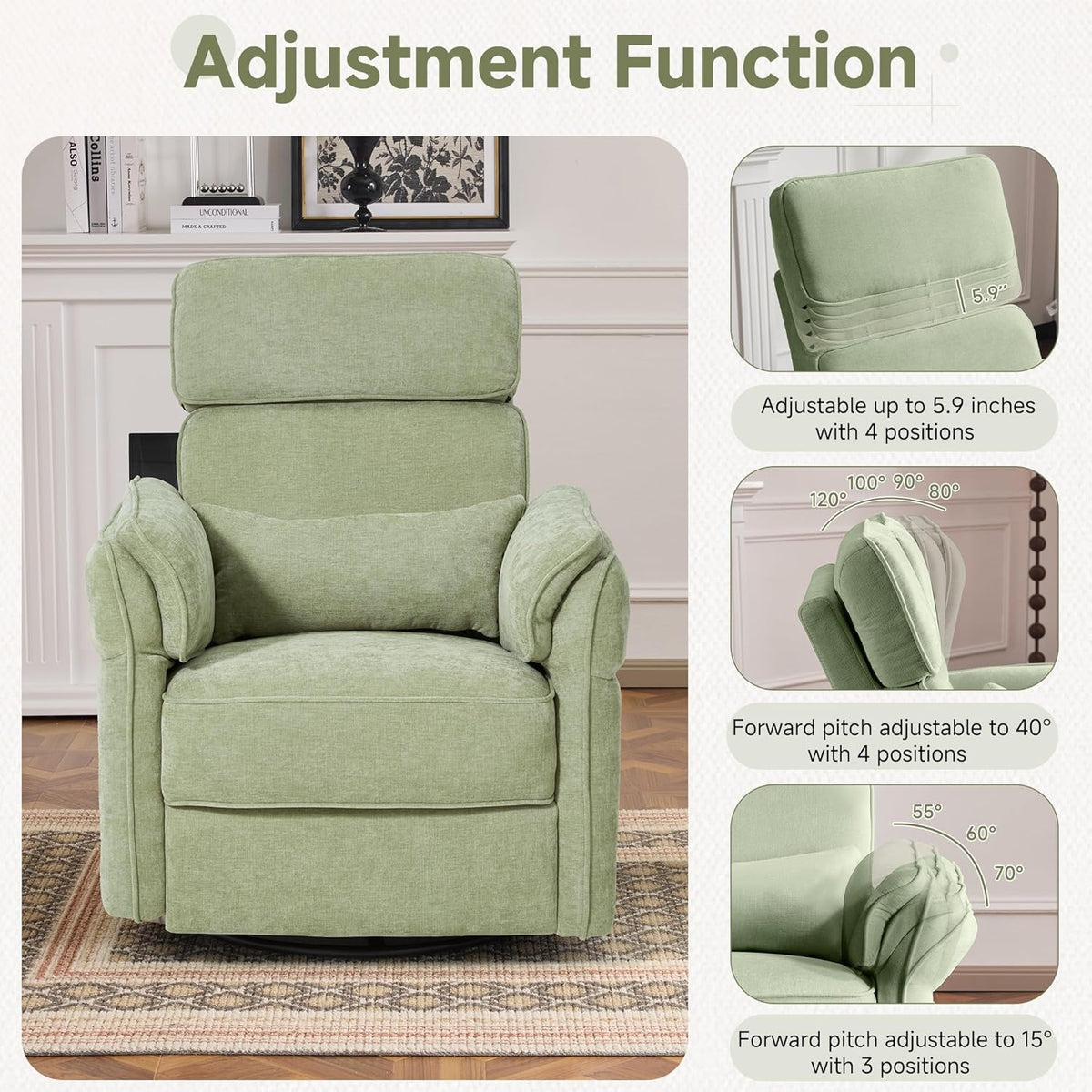 MELLCOM Power Recliner Rocking Chair Nursery Gliders with Adjustable Armrests and Headrest, Swivel Electric Glider Reclining Nursing Chair with USB Port and Storage Bags, FSC Certified(Fabric, Green)