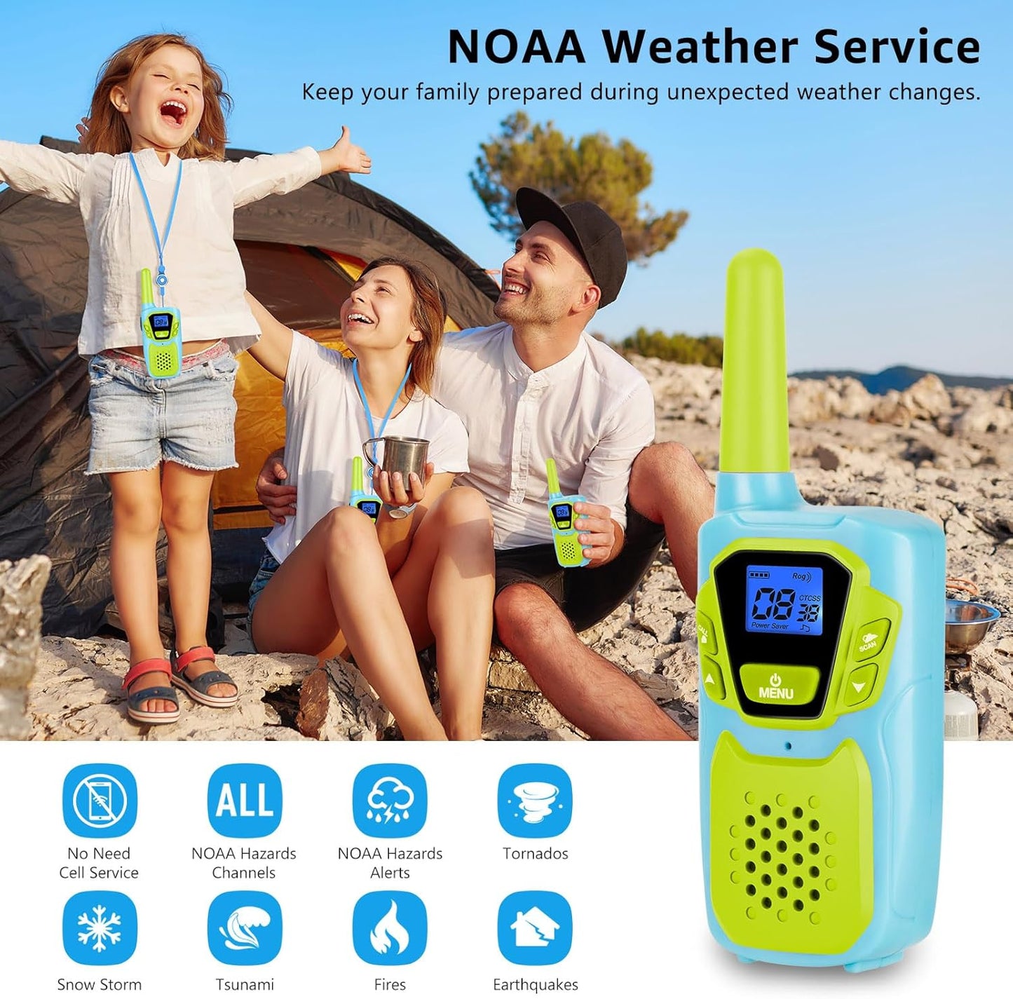 Walkie Talkies for Kids Adults Long Range Rechargeable 3 Pack, FRS 2 Way Radio Toy for 3-12 Year Old Boys Girls Toddlers, Shockproof NOAA Walkie-Talkie 4 Miles for Family Camping Skiing Cruise
