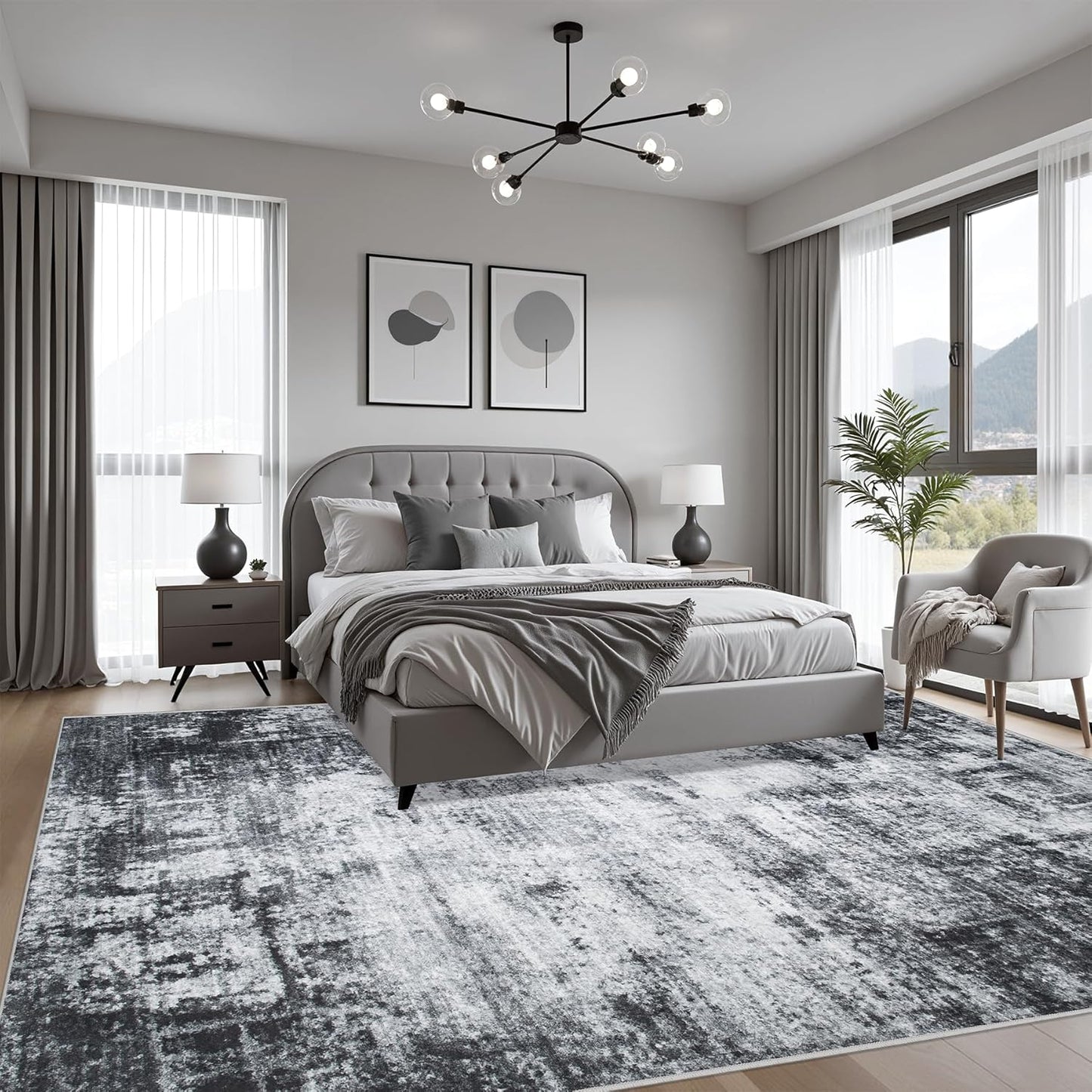 9x12 Area Rug Living Room Rug: Washable Modern Abstract Soft Thin Rug Indoor Floor No Slip Stain Resistant Carpet for Bedroom Dining Room Farmhouse Nursery Home Office - Dark Black