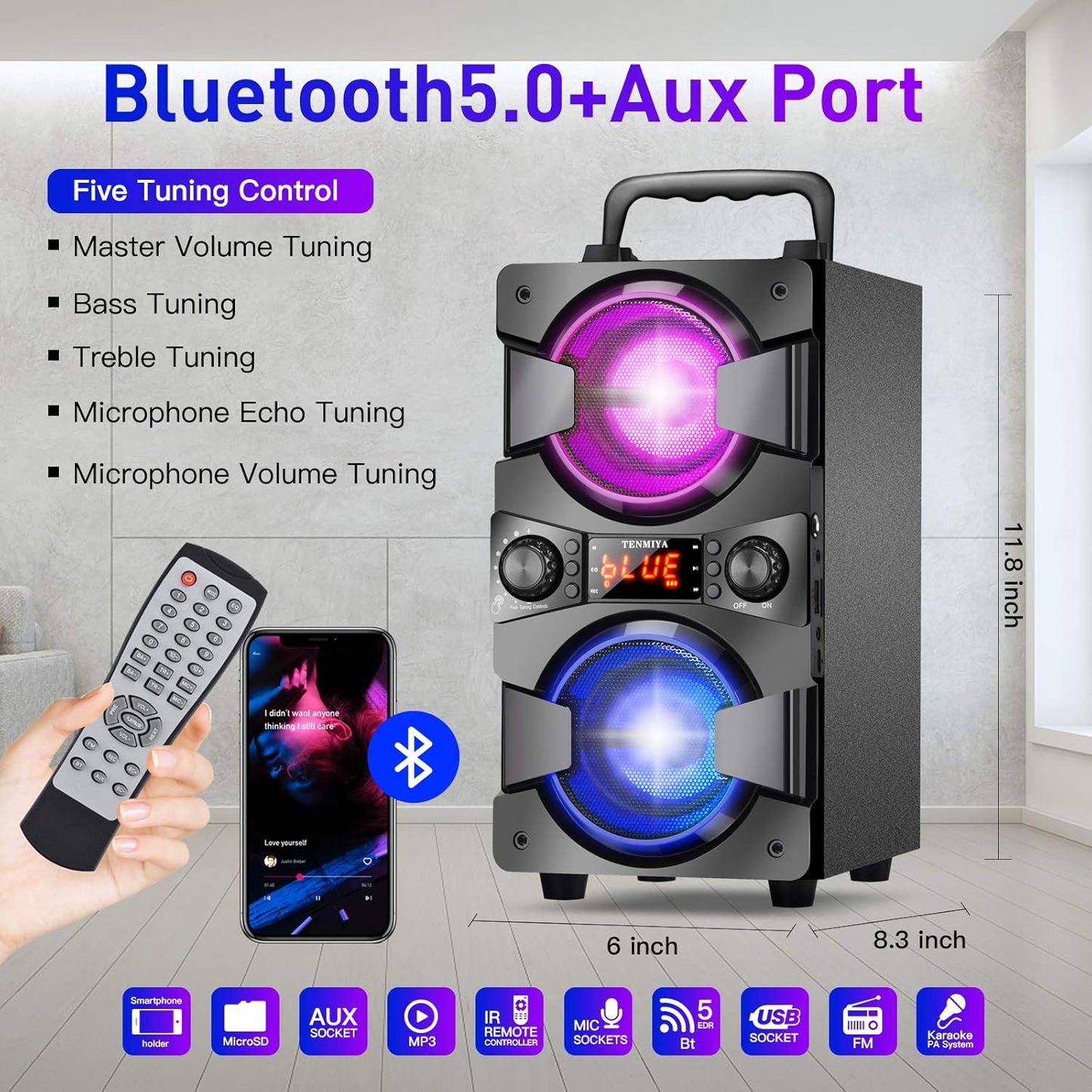 Bluetooth Speaker, Portable Wireless Speakers with Microphone, 60W Peak Loud Stereo Rich Bass, Lights, Remote, FM Radio, EQ, Double Subwoofer Sound System, Speaker for Home Outdoor Party Gifts(1MIC)