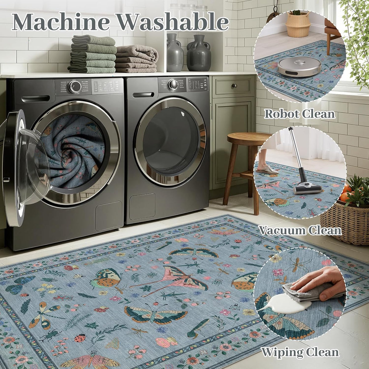 5x7 Washable Area Rug with Insect Print - Bug Rug Non-Shedding Stain Resistant Soft Carpet for Bedroom, Low Pile Ultra-Thin Machine Washable Carpet for Dining Room, Kids Nursery, Office (5'x7' Blue)