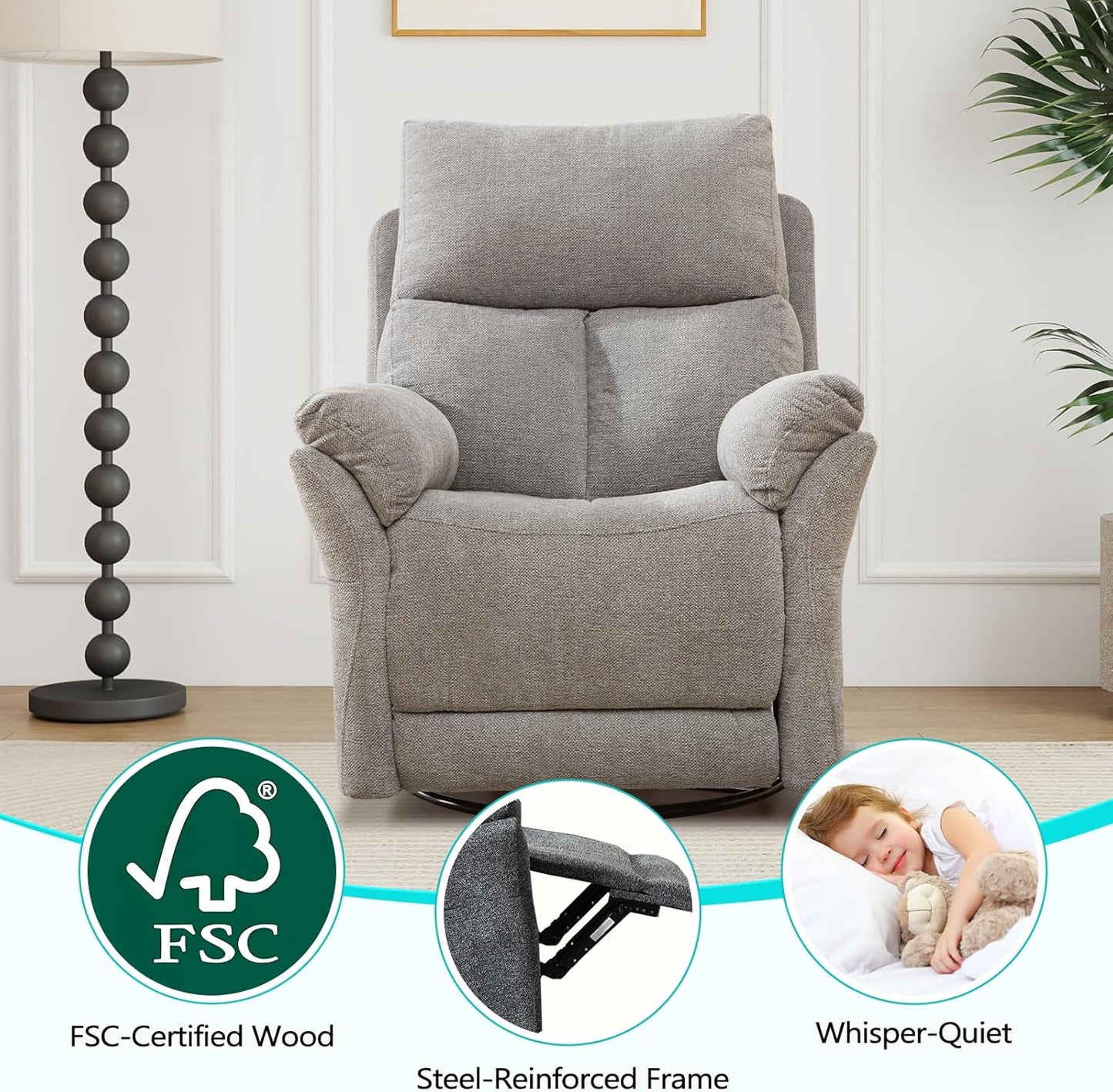 ANJ Manual Fabric Recliner Chairs, Set of 3, Swivel Rocker Glider, Silver
