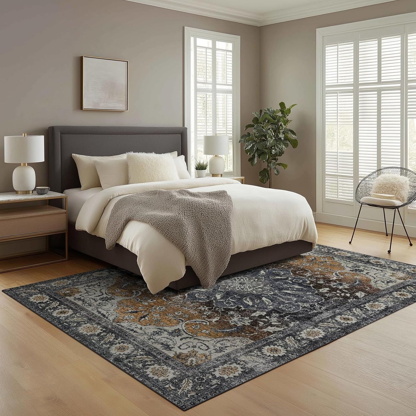 4x6 Washable Area Rug for Living Room, Carpet for Bedroom, Soft Faux Wool Retro Dining Room Rug, Non Slip&Non-Shedding Resistant Low Pile Vintage Print Rug for Home Office (Tan/Gray)