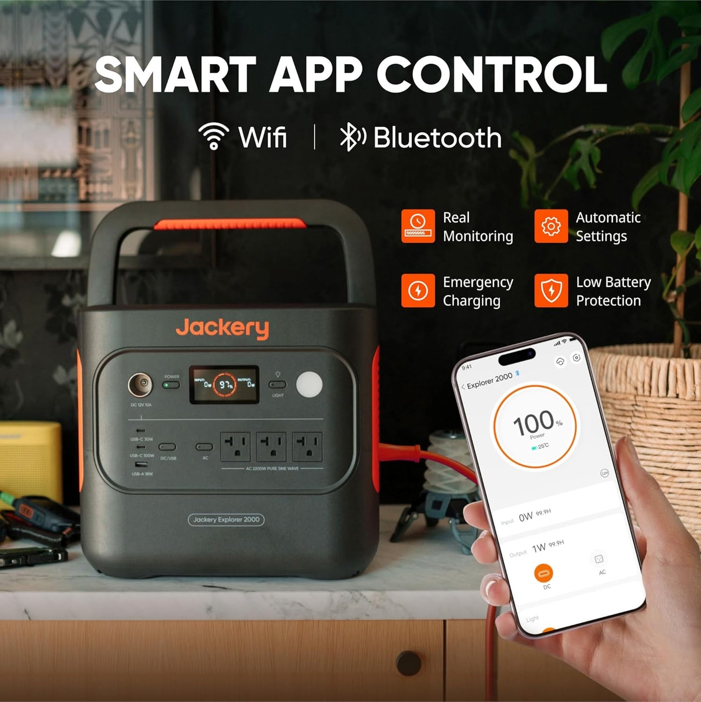 Jackery Explorer 2000 v2 Portable Power Station with Car Charging Cable, 2042Wh LiFePO4 Battery, 2200W Solar Generator, USB-C PD 100W Fast Charging for Camping, Home Use(Solar Panel Optional)