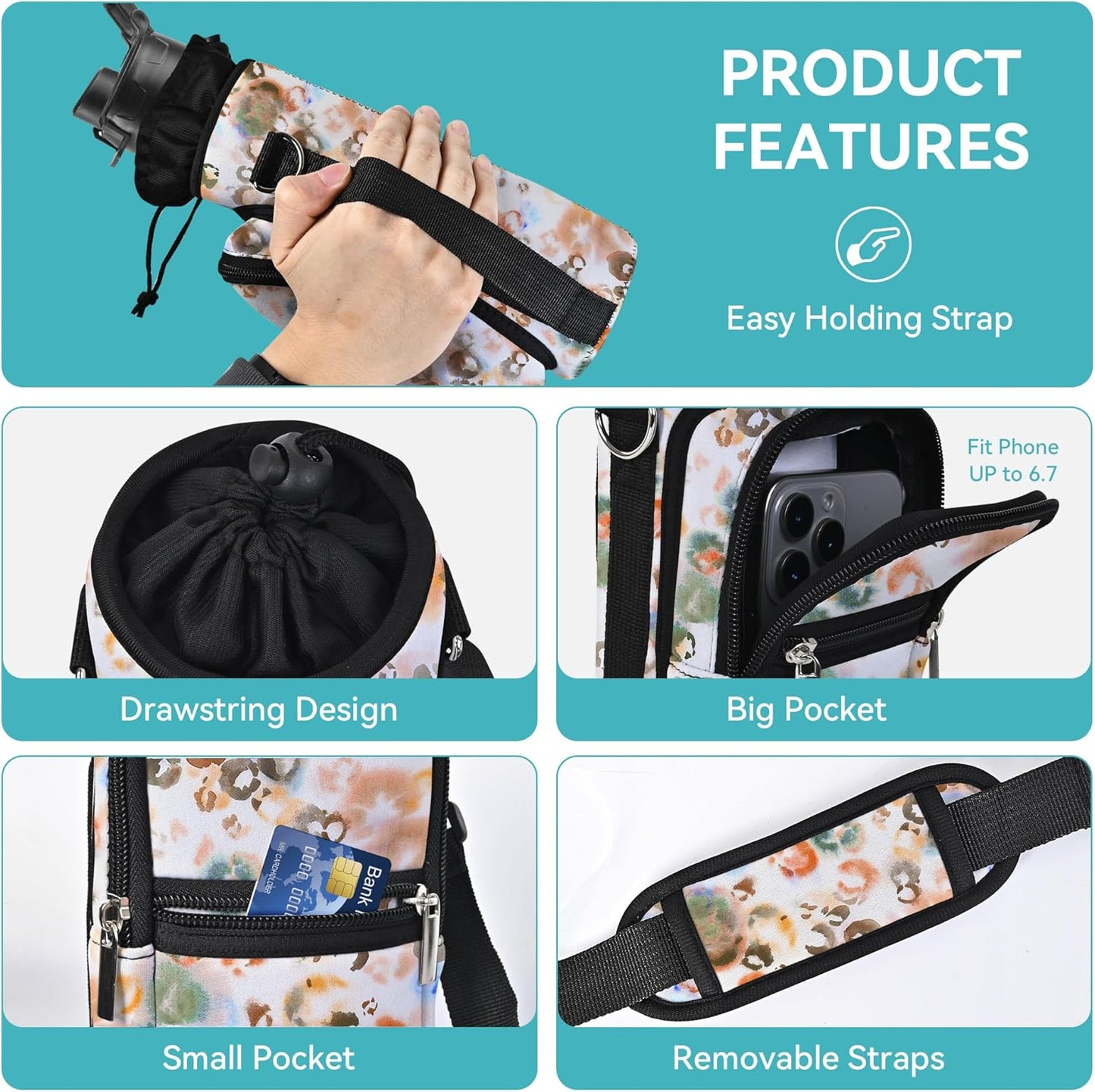 AUPET Water Bottle Sling Bag Sleeve Holder Carrier 25/32/40/64 oz,Insulated Crossbody Water Bottle Case Cover with Strap and Pockets for Men/Women Walking Hiking