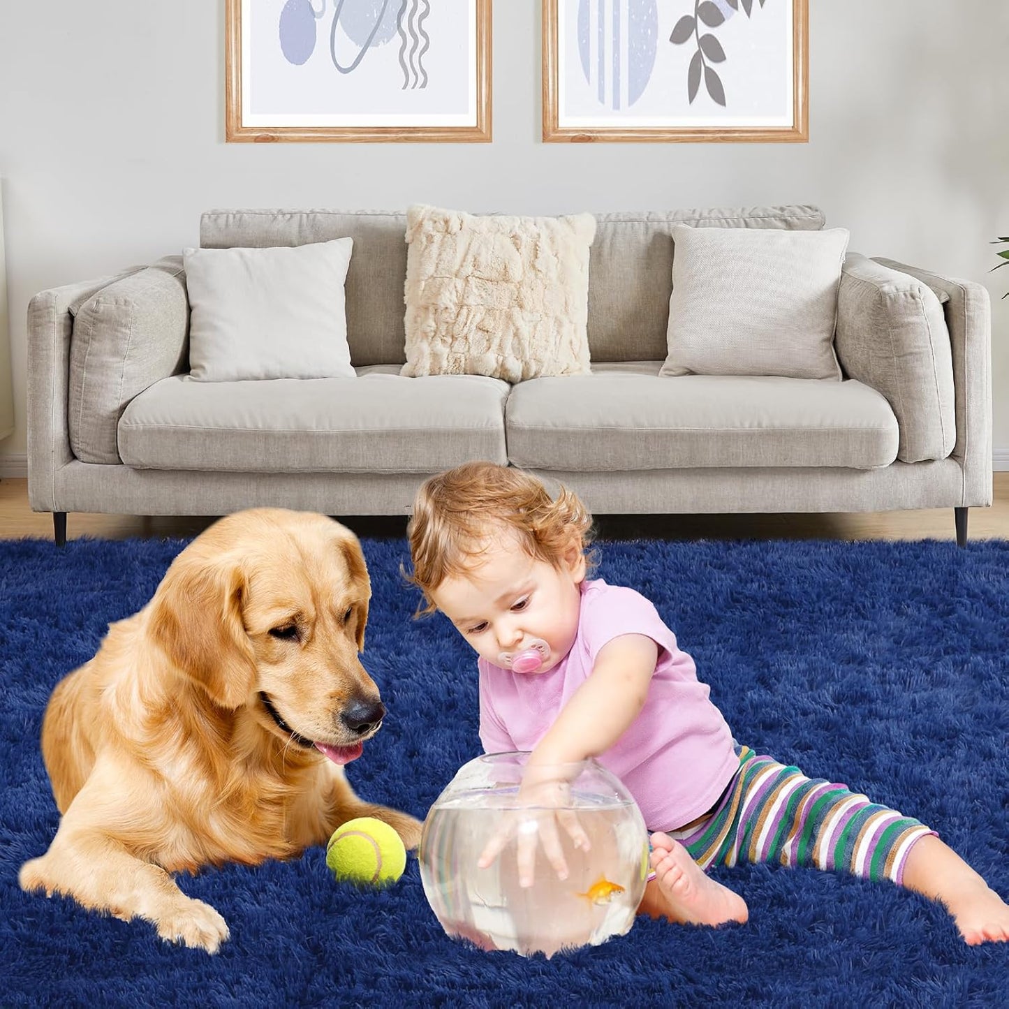 Soft 6x9 Blue Rug, Fluffy Area Rugs for Living Room, Plush Navy Area Rugs for Bedroom, Non-Slip Indoor Carpet for Nursery, Study Room, Kids Room, Room Decor