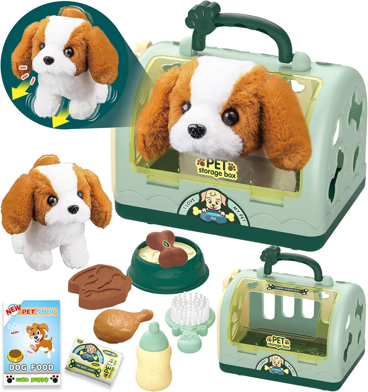 TEUVO Pet Care Play Set Robot Dog Toys for Kids, 12Pcs Kids Pretend Play Feeding Walk Bark Puppy Pet Toys with Interactive Electric Dog Plush & Cage, Xmas Gifts for Girls Toddlers 3 4 5 6 7 Years Old