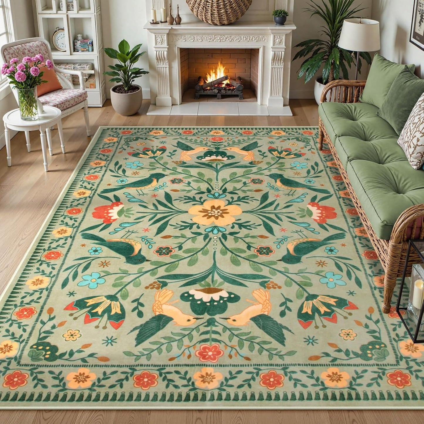Moynesa Washable 8x10 Area Rugs for Living Room, Ultra Thin Soft Boho Bedroom Rug Stain Resistance, Low Pile Indoor Bird Pattern Sage Green Large Carpet for Nursery Dining Room Under Table