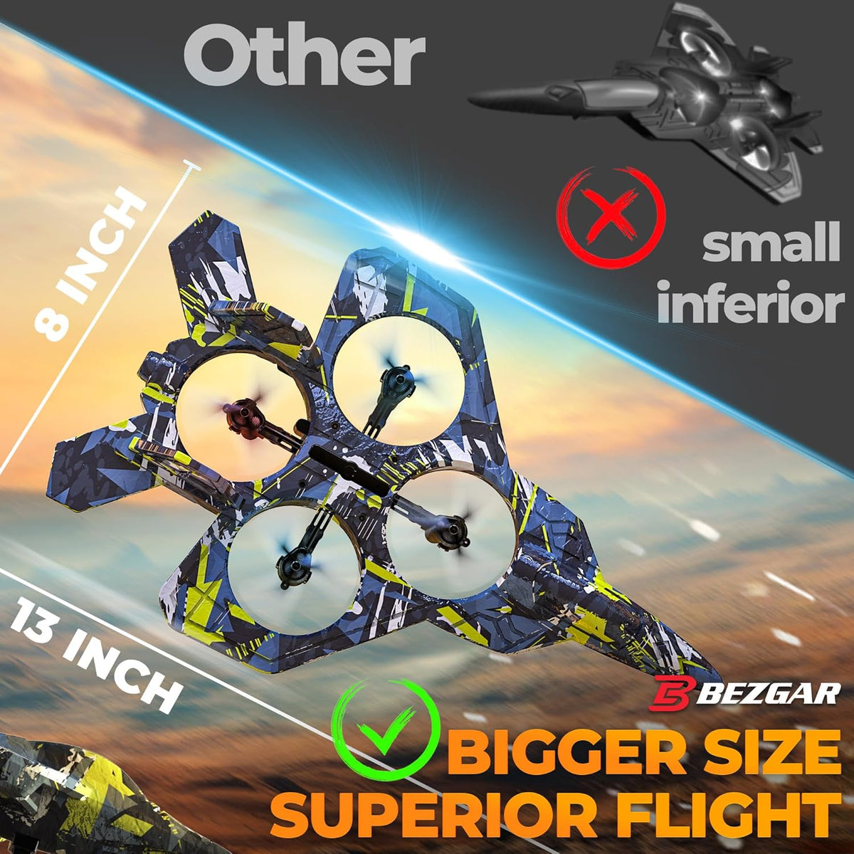 BEZGAR HQ057X RC Fighter Airplane丨Mini Drone Remote Control Jet Plane Stunt Drone for Adults & Kids Toy with Light Gift for Kids Beginner Blue