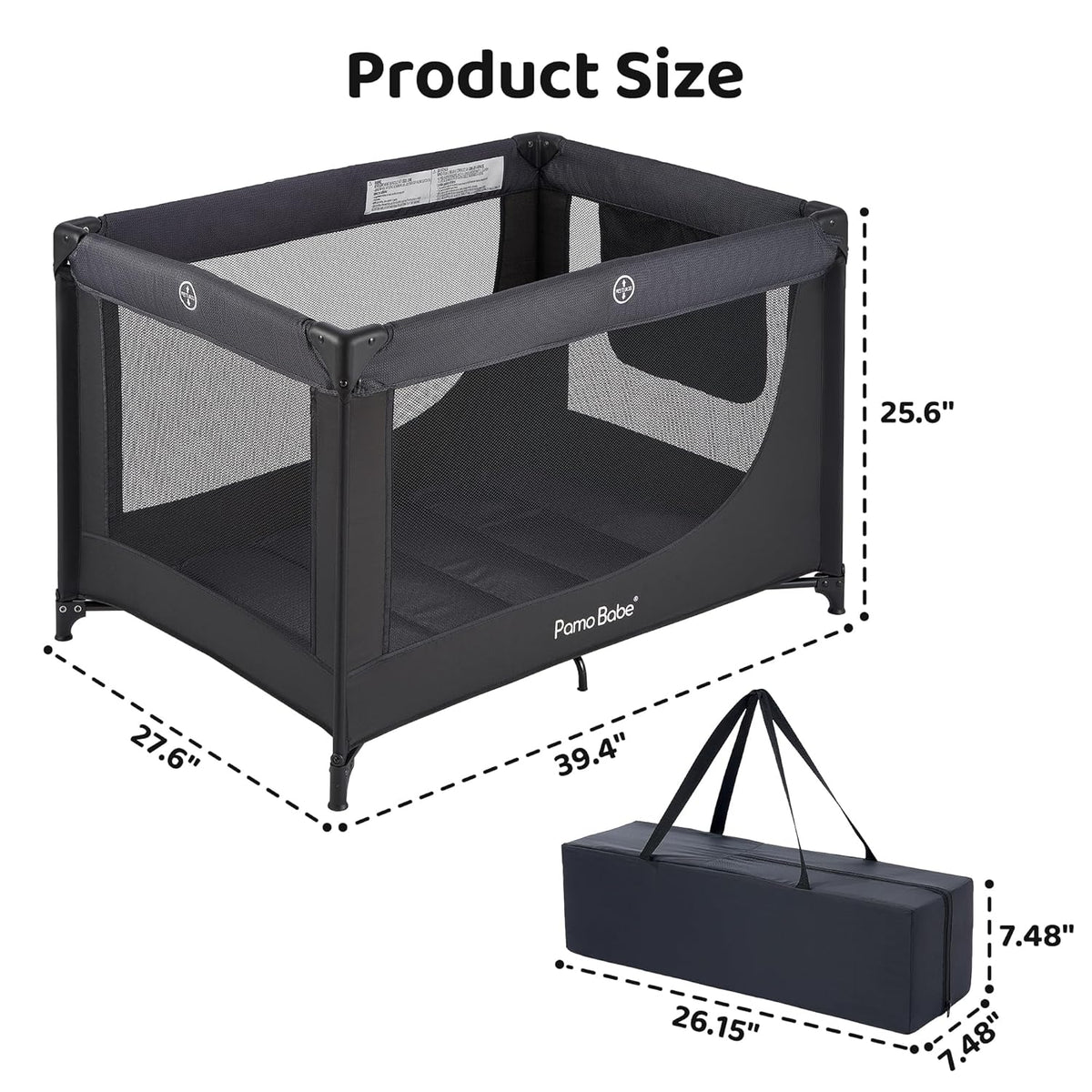 Pamo Babe Portable Crib Baby Playpen with Mattress and Carry Bag (Black)