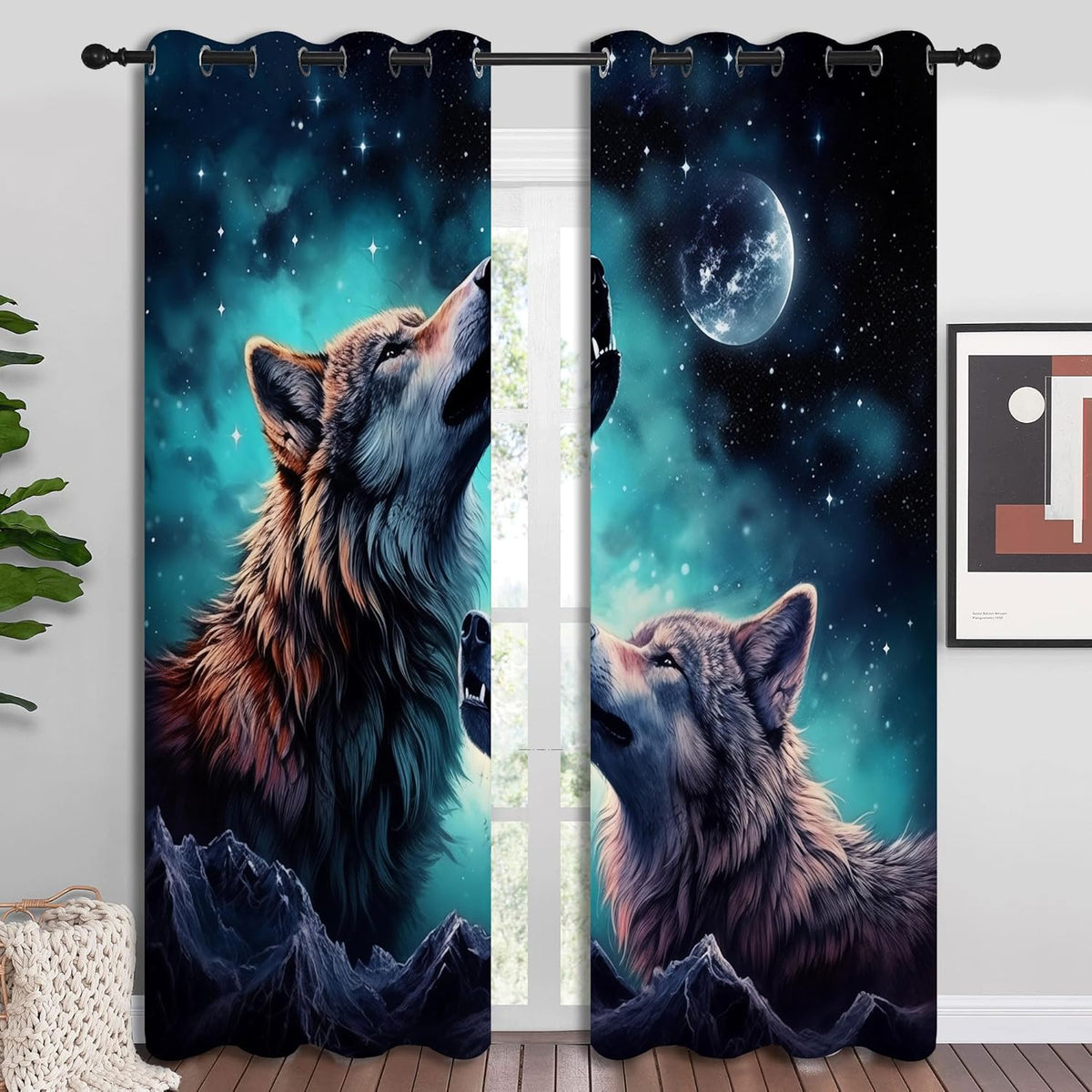 Wolf Blackout Curtains for Boys Girl Bedroom Decor,Starry Sky Howling Wolf Under The Full Moon Thermal Insulated Grommet Drapes Darkening Window Curtain for Living Room Home 84x84 inch