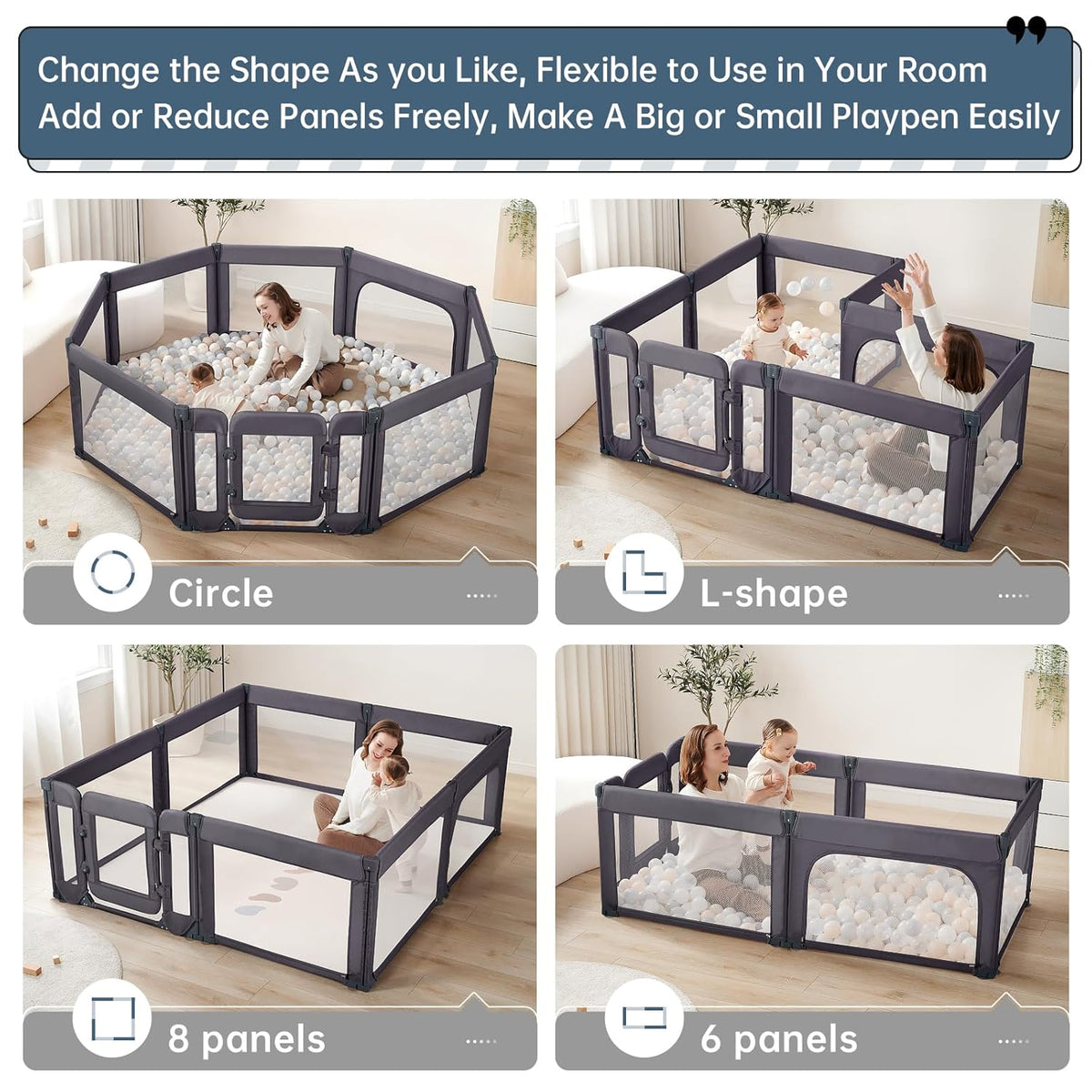 Baby Playpen,Large Play Pen for Babies and Toddlers with Door 79x71 Inch, Adjustable Playpen Non-Slip Suction Cups Base Safe and Sturdy, Indoor Outdoor Playard,Black