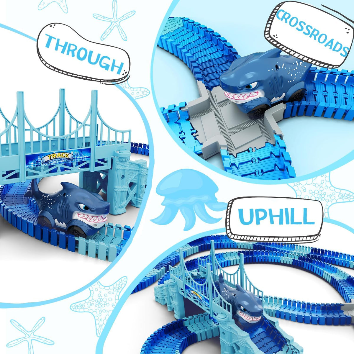 Track Race Car Toys for Kids, Create A Ocean World Race Road, Flexible Tracks Playset & 2PCS Cool Shark Cars, Toddler Toys Birthday Gifts for Age 3 4 5 6 Year Old Boys Girls