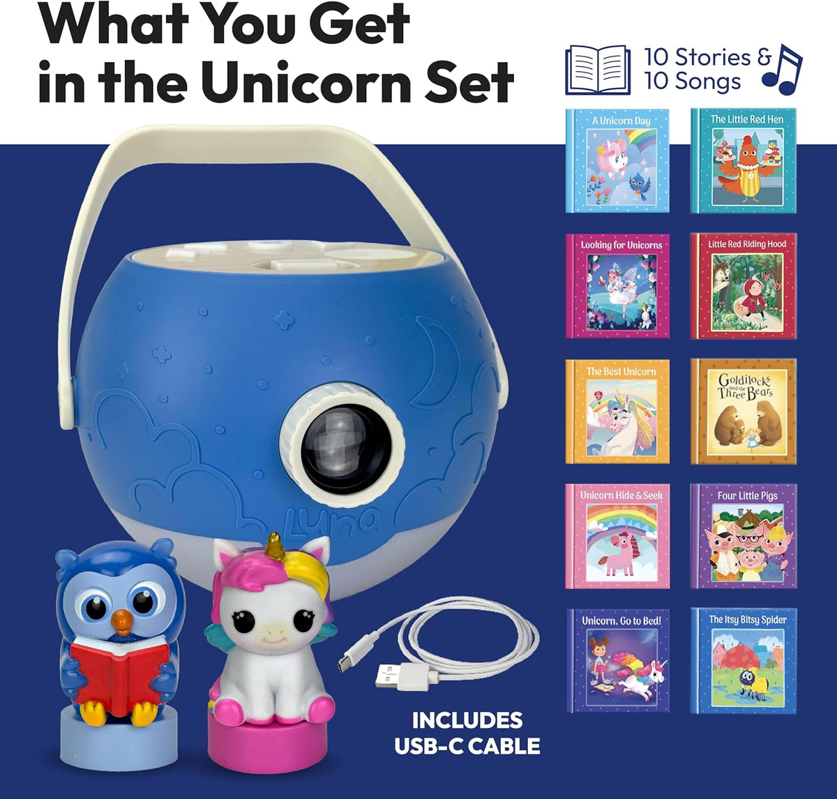 Kids Book Projector - 5 Unicorn & 5 Classic Read-Aloud Stories, 10 Songs, Night Light & Soothing Dream Music | Children Ages 3+ Storytime Projector for Kids & Toddlers | Owl & Unicorn