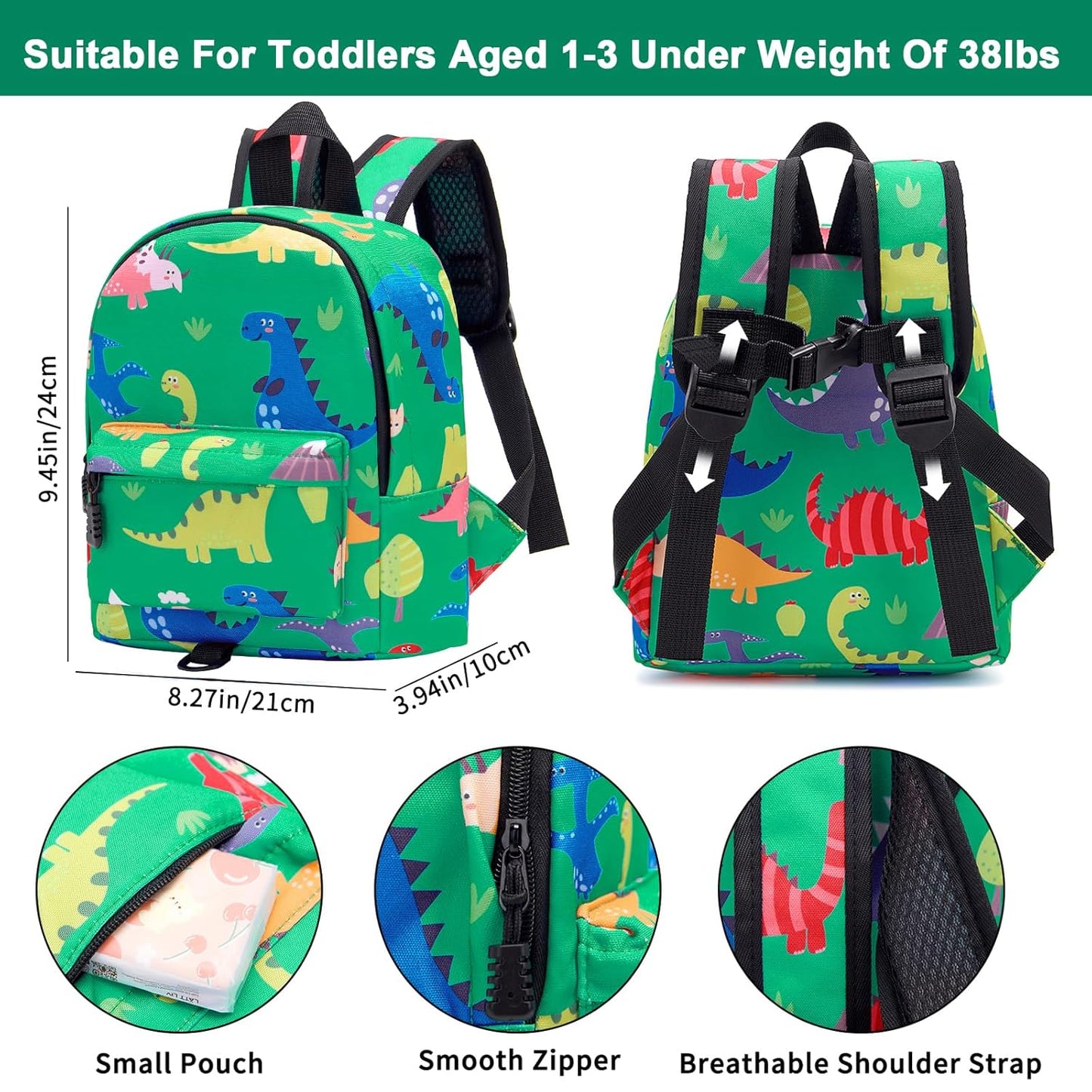 Accmor Toddler Backpack Leash with Anti Lost Wrist Link, Cute Mini Child Walking Harnesses Keep Kids Close Back Pack Rope Tether Rein for Baby Boys (Green/Dino)