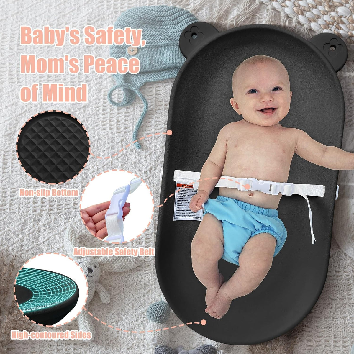 Changing Pad, Wipeable Diaper Changing Pad with Safety Belt for Changing Table, Nursery, Dresser, EVA Non-Slip Baby Changing Table Pad, Black