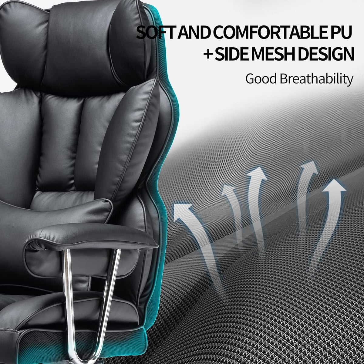Efomao Desk Office Chair 400LBS, Big and Tall Office Chair, PU Leather Computer Chair, Executive Office Chair with Leg Rest and Lumbar Support, Black Office Chair