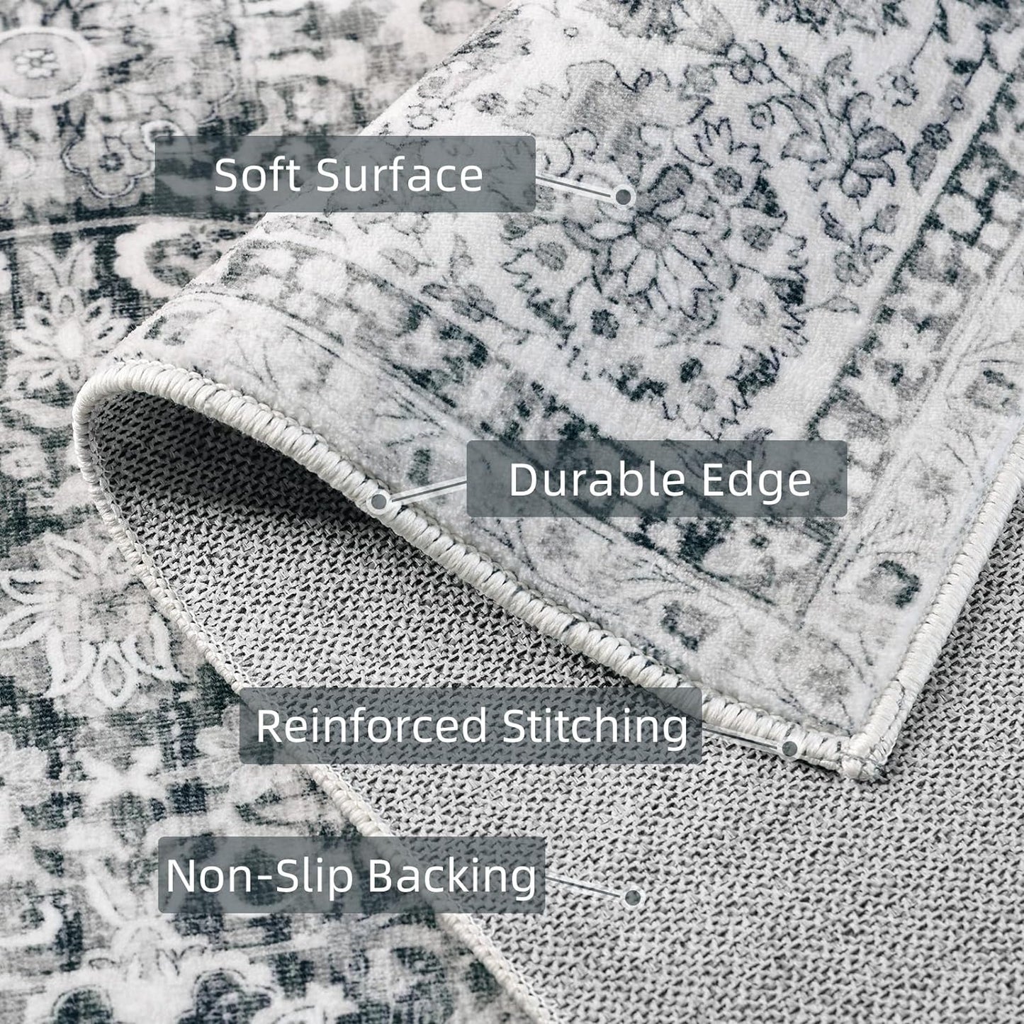 Washable Non-Slip Cream Rug - 3x8 Kitchen Runner with Non-Shedding, Boho Distressed Carpet for Hallways & Bedroom Vintage Grey