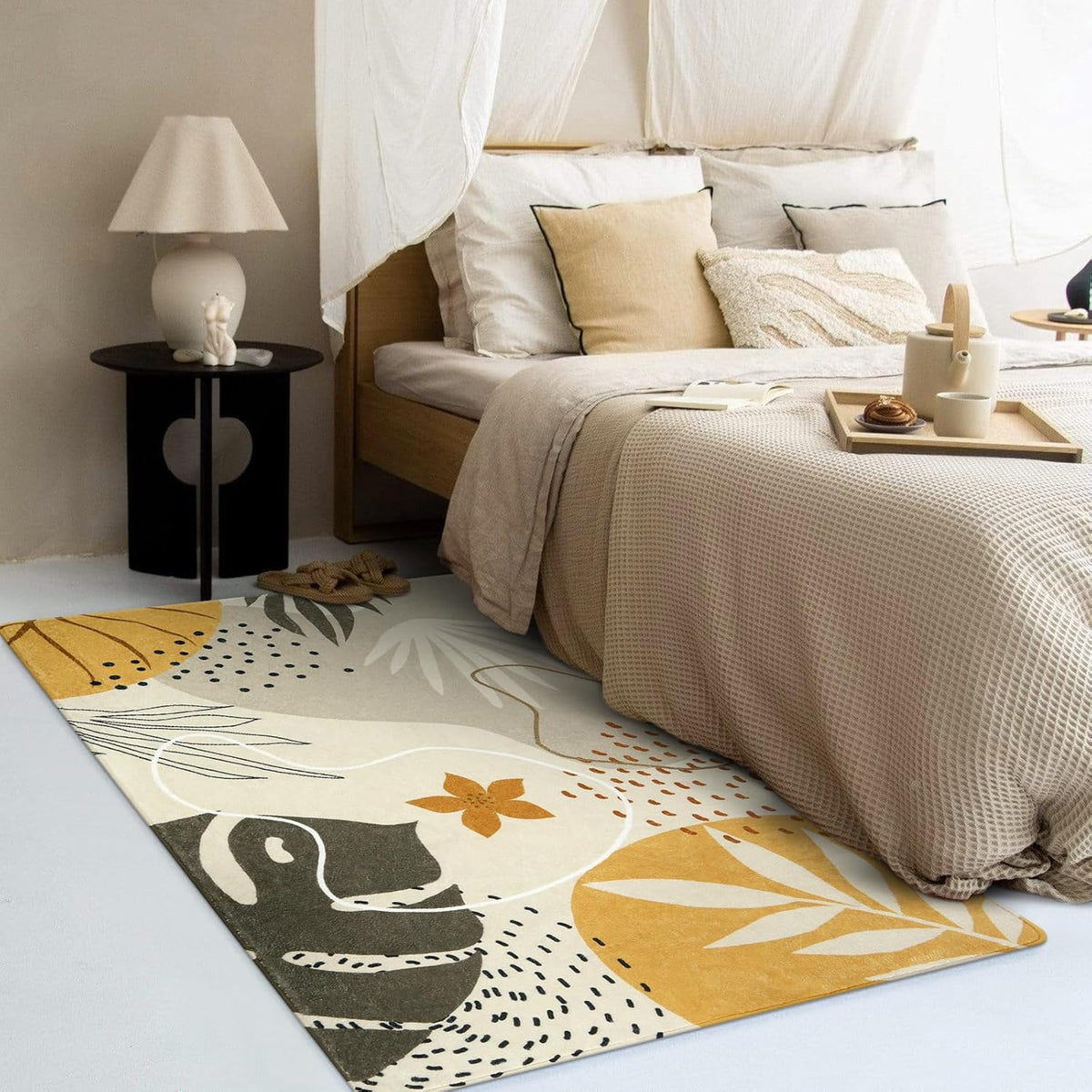 LLahome Boho 3x5 Washable Area Rug - Small Non-Slip Low-Profile Soft Rugs for Bedroom Living Room, Ultra-Thin Botanical Print Indoor Modern Carpet for Entryway Laundry Room Kitchen Office, Tan