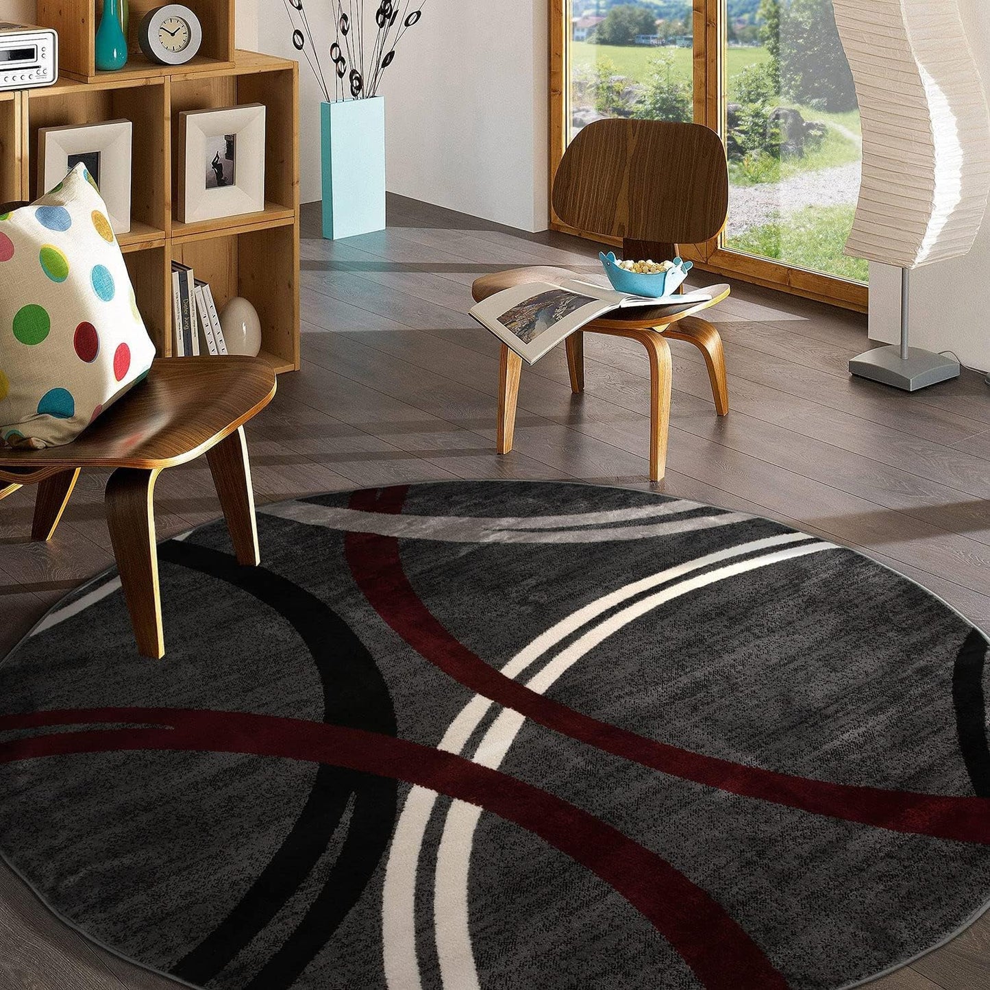 Rugshop Modern Wavy Circles Design 6' 6" (6' 6" Diameter) Red