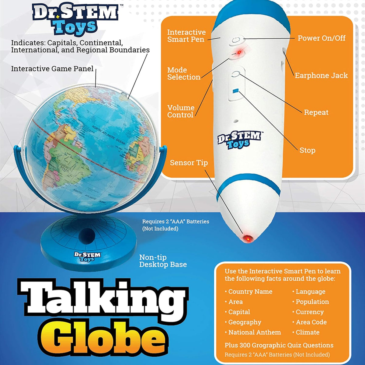 Dr. STEM Toys Talking World Globe with Interactive Stylus Pen and Stand, Colorful Map for Early Learning and Teaching - Includes Trivia, Q&A, and Music - 9 Inches in Height, Ages 6+