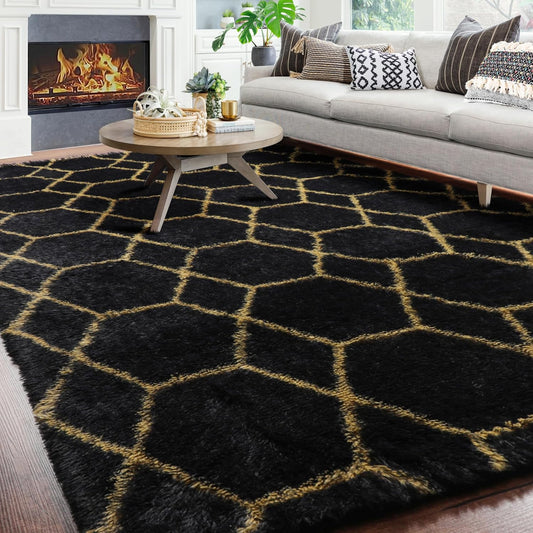 ONASAR 6x9 Area Rugs for Living Room Bedroom, Washable Large Fluffy Black and Gold Throw Rug, Geometric Soft Plush Shaggy Fuzzy Floor Carpet for Nursery Kids Girls Boys Teen Dorm Home Office Decor