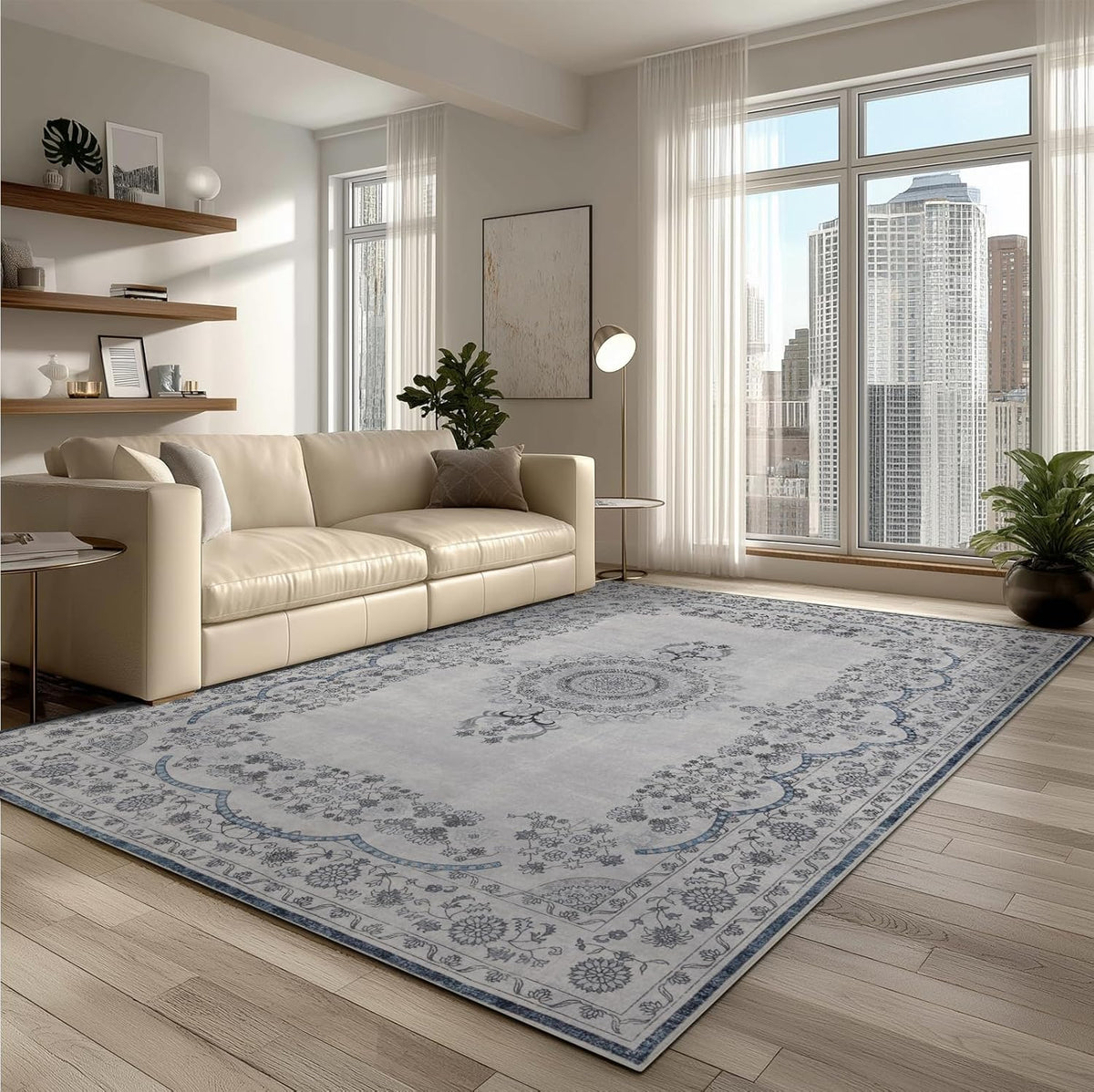 Washable Rugs 5x7 Area Rugs for Living Room, Thin Carpet for Bedroom, Soft Faux Wool Retro Dining Room Rug，Non Slip&Non-Shedding Resistant Low Pile Vintage Print Rug for Home Office (Grey/Blue)