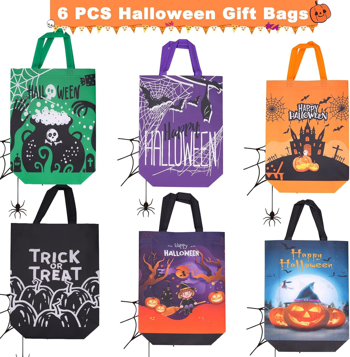 6PCS Halloween Trick or Treat Bags Halloween Large Gift Bag Halloween Tote Bags with Handles, Halloween Non-Woven Bags for Trick or Treat, Halloween Party Supplies, 15×11.8×3.9”