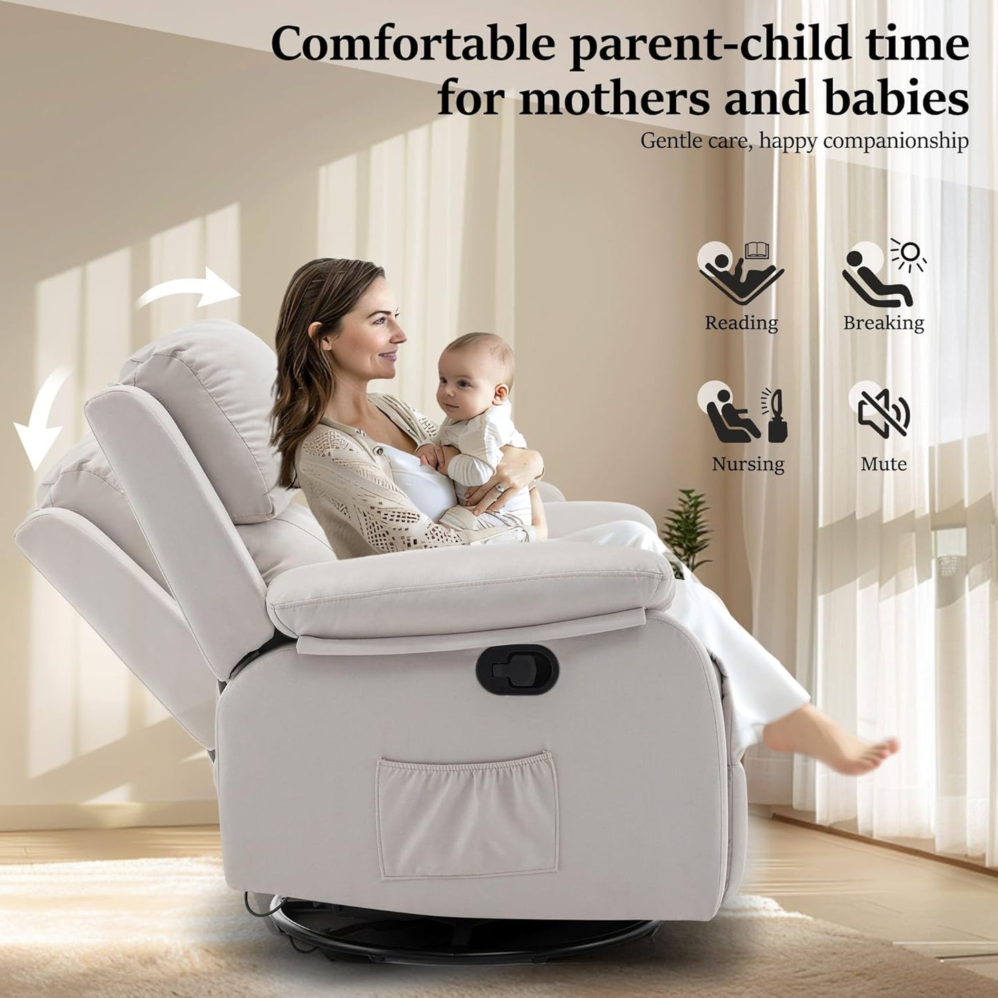 Recliner Chair, 360 Swivel Rocker Chair for Adults, Small Rocking Recliner Chair for Small Spaces, Upholstered Fabric Glider Recliner Nursery Chair with Side Pockets for Living Room, White