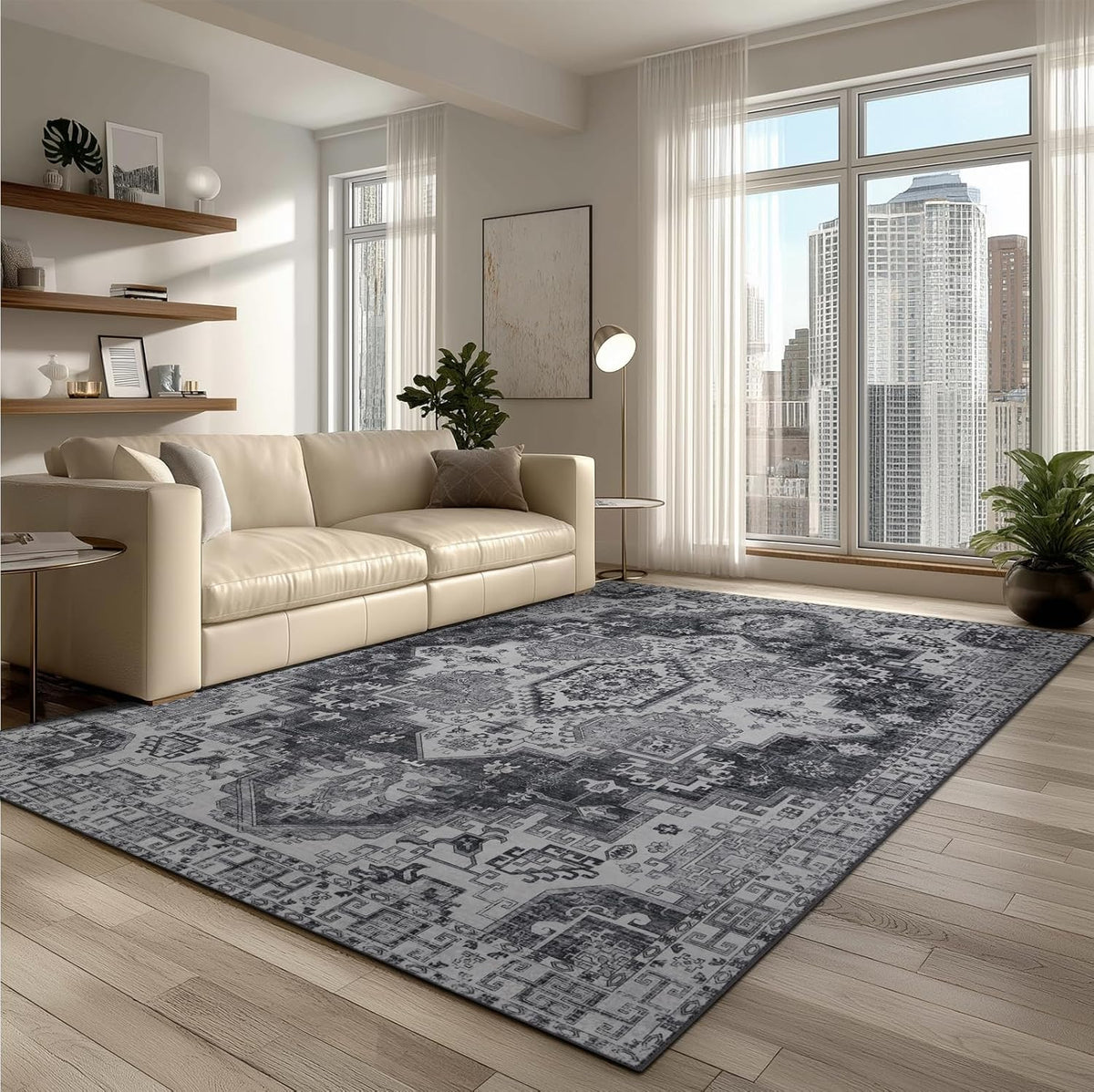 Washable Area Rugs 8x10, Large Rugs for Living Room, Carpet for Bedroom, Soft Faux Wool Retro Dining Room Rug, Non-Slip Backing Resistant Low Pile Vintage Print Rug for Home Office (Medium Gray)