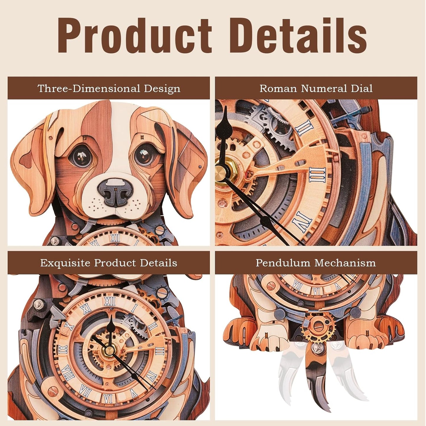 Cutywood 3D Puzzles for Adults Clock-Beagle Design Model Kit-Mechanical DIY Pendulum Clock with Roman Numerals-Desk Home Office Decor Personalized Gift for DIY Lovers