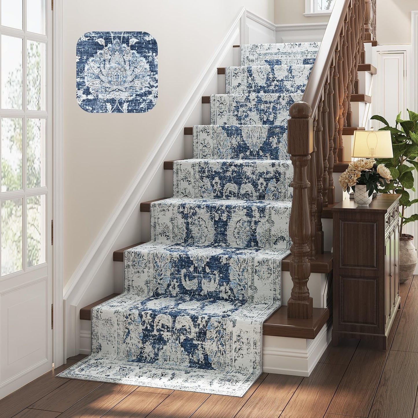 jinchan Hallway Runner Rug 3x8 Machine Washable Runner Rug Dark Blue Vintage Floral Design Non-Slip Low Pile Ultra-Thin for Kitchen Laundry Room Bedroom Farmhouse (3‘x8',Dark Blue)