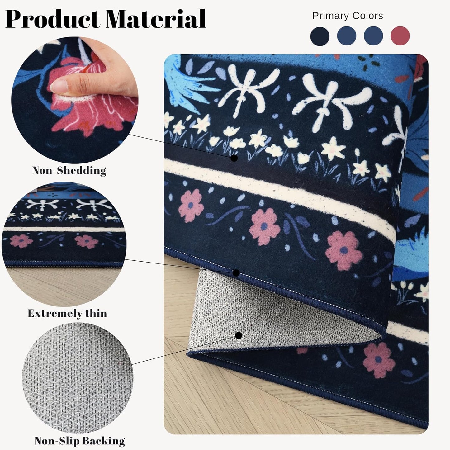 Door Mat Indoor Entrance 2x3 Rug Machine Washable Vintage Floral Botanical Small Area Rug Non-Slip Low Pile Throw Rugs for Entryway, Kitchen, Front Door Entrance, Entry, Kids Room, Blue