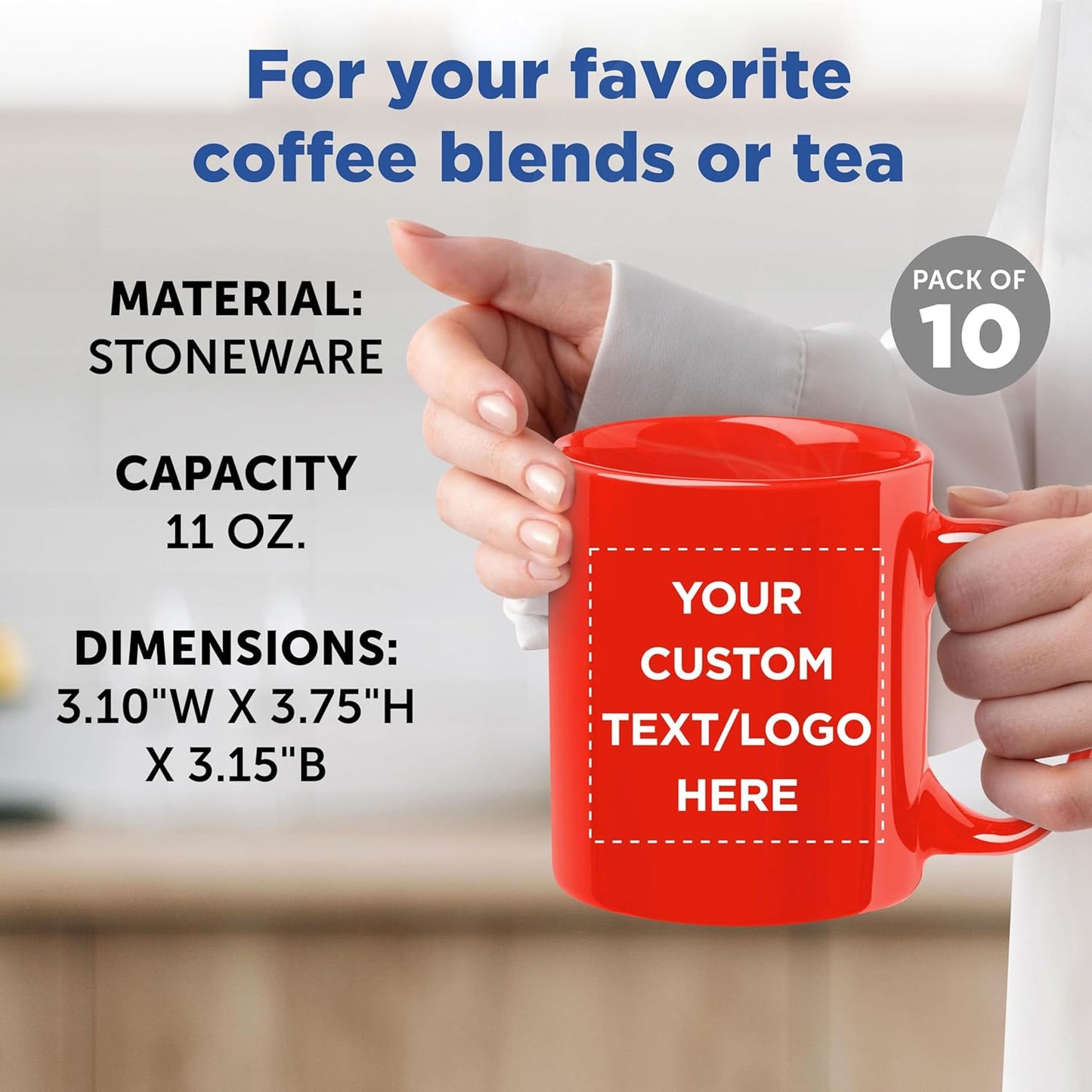 Custom Ceramic Coffee Mugs 11 oz. Set of 10, Personalized Bulk Pack - Coffee cup set, Iced coffee cup, Gaming mug - Red