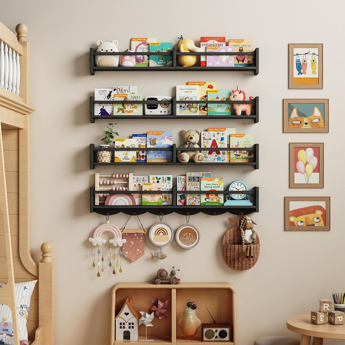 34Inch Nursery Bookshelves,Set of 4,Wall Floating Shelf Kids Coat Rack with 6Hooks,Hanging Book Shelf for Baby Nursery Room Décor ，Patent Number: 29958098(Black, 34)