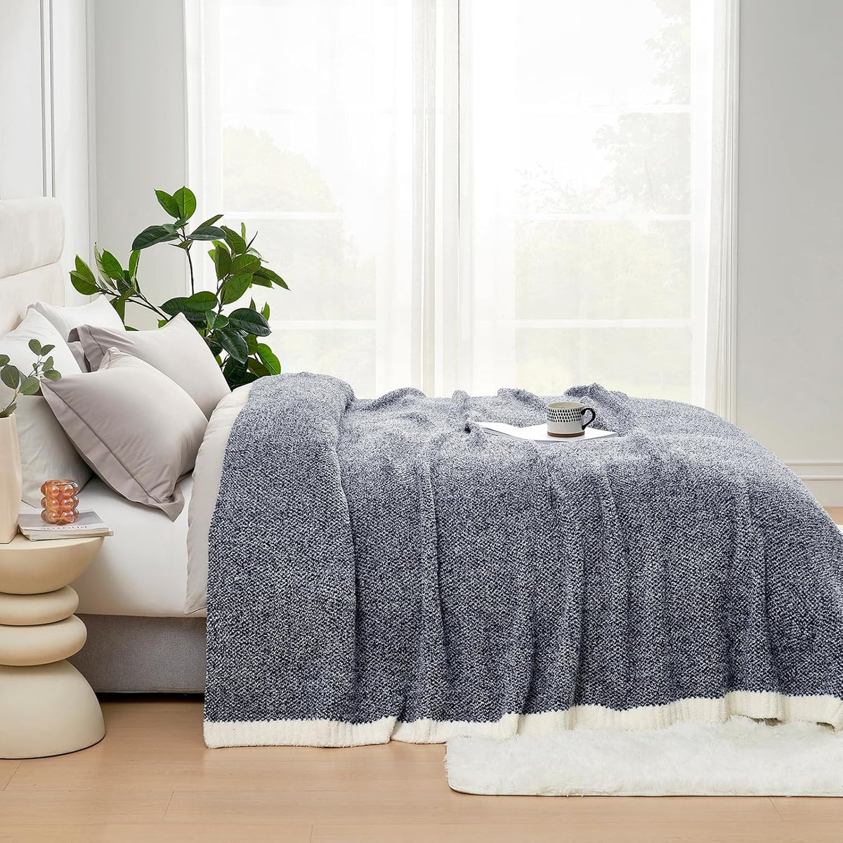 Snuggle Sac Heather Navy Oversized Twin-XL Size Blanket, Super Soft, Warm, Knit, 66x90 inches