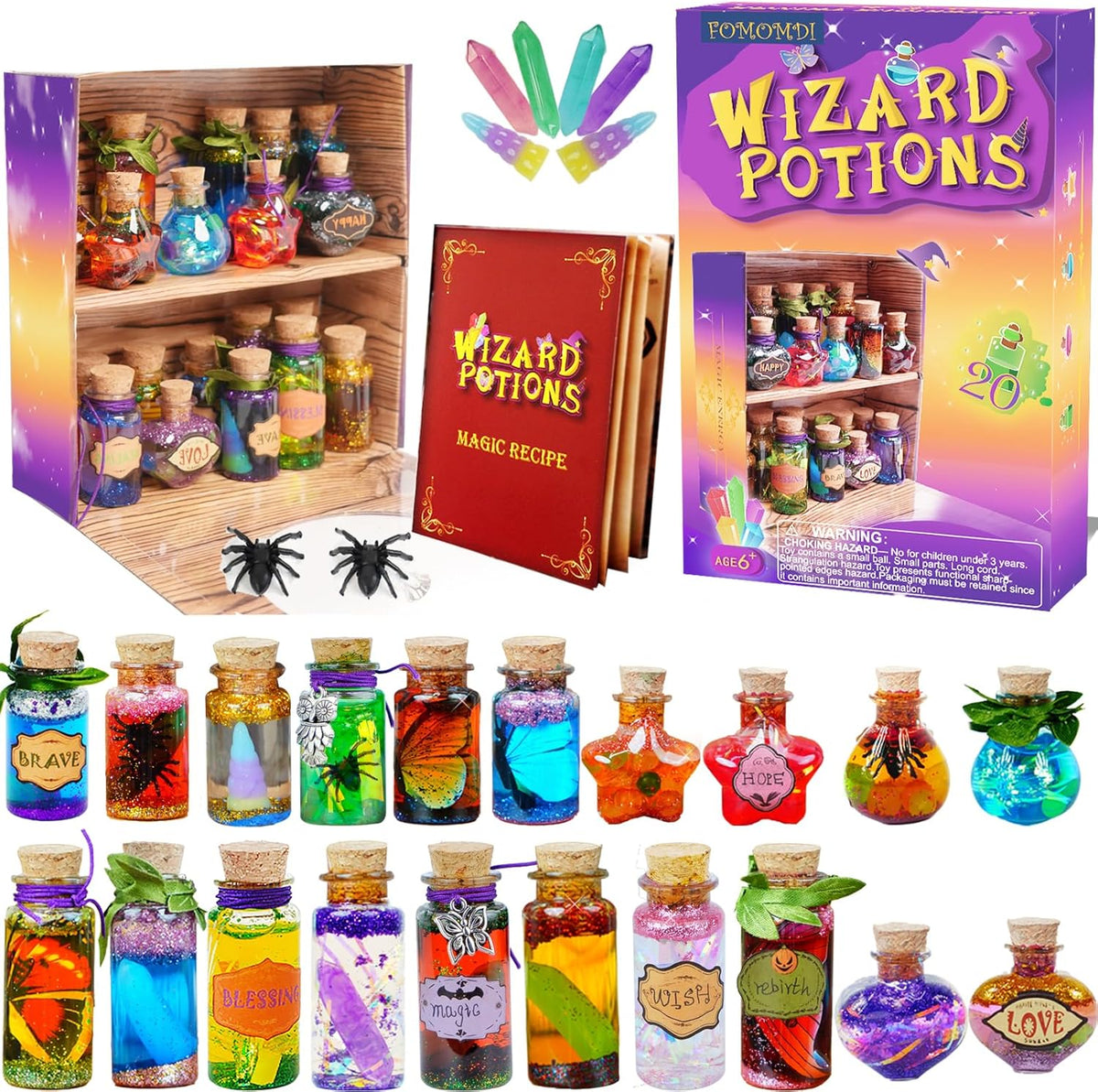 FOMOMDI DIY Magic Crystal Potions Making Kit, Magic Mix 20 Bottles Fairy Wizard Potions, Halloween Christmas Birthday Gift for Girls Kids Ages 6-12
