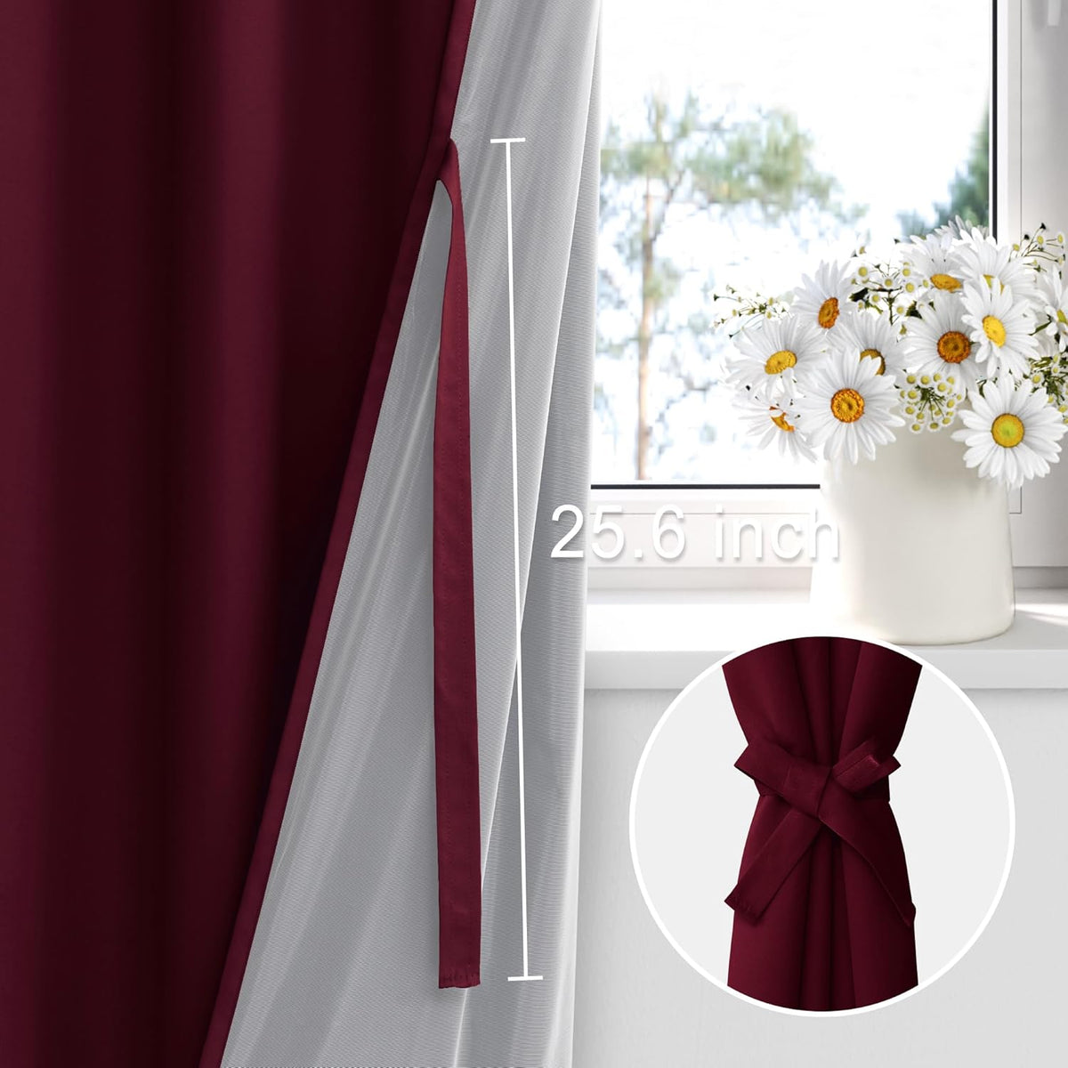 XWZO 100% Blackout Window Curtains - Rod Pocket Thermal Insulated & Completely Room Darkening Black Liner Window Treatment with Tiebacks for Bedroom/Living Room, Burgundy, W60 x L84, Set of 2 Panels