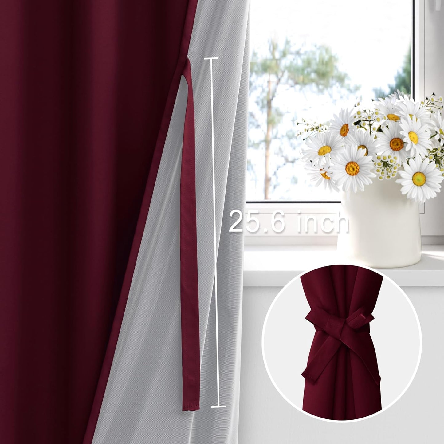 XWZO 100% Blackout Curtain Panels- Rod Pocket Thermal Insulated Black Liner Curtains, Noise Reducing and Heat Blocking Drapes for Hall and Studio Windows with Tiebacks, Burgundy, W70 x L84, Set of 2